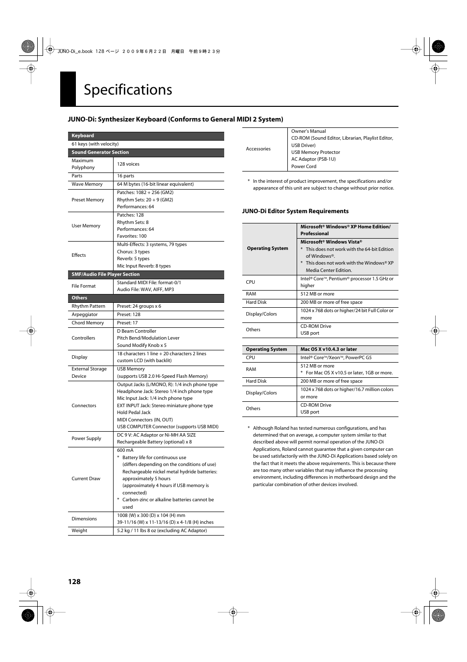 Specifications | Roland JUNO-Di User Manual | Page 128 / 136