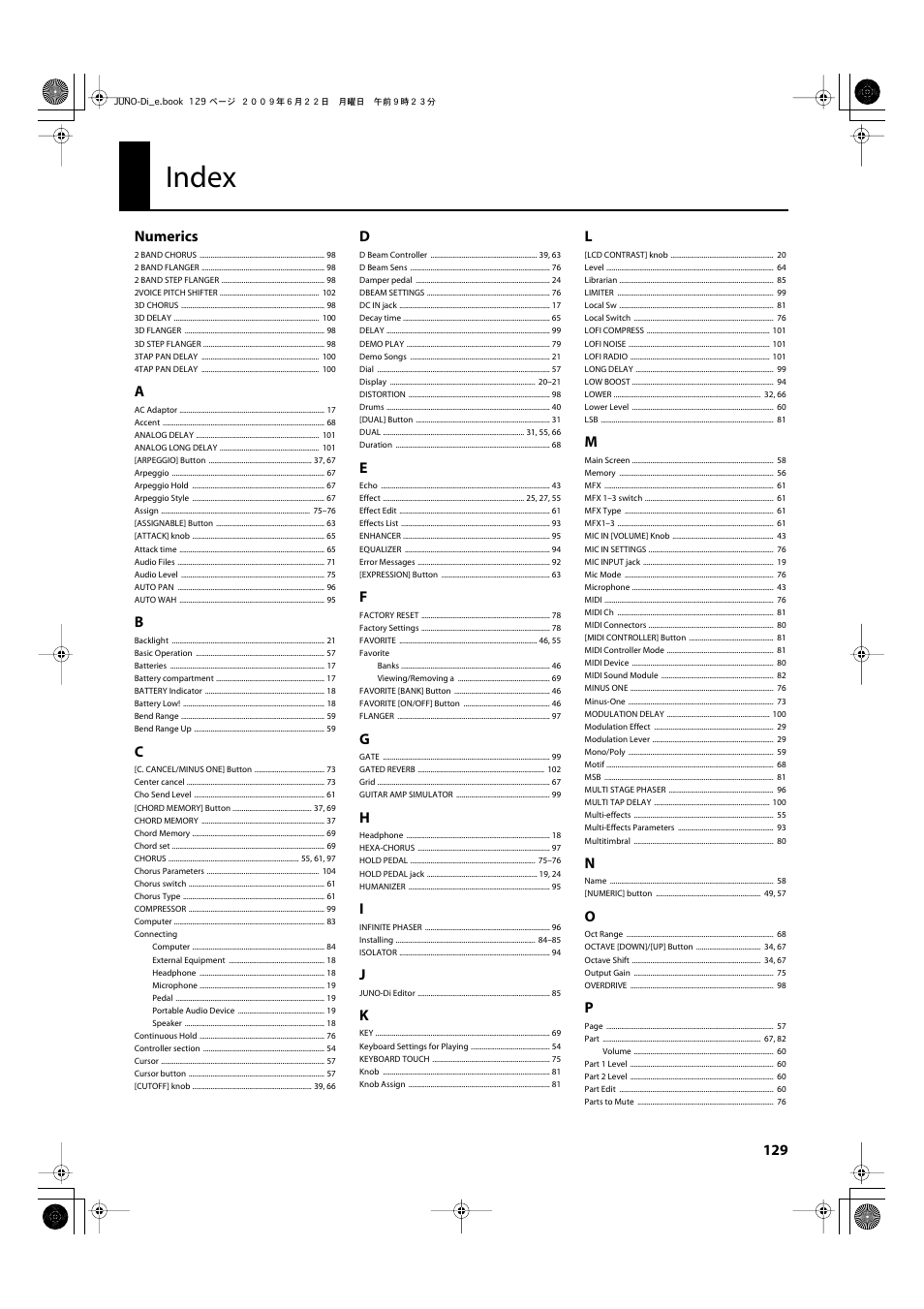 Index, Numerics | Roland JUNO-Di User Manual | Page 129 / 136