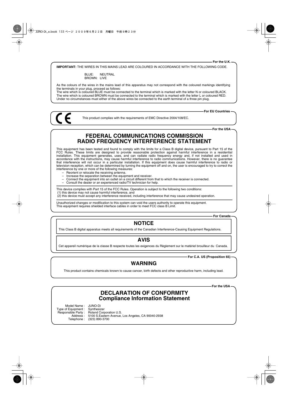 Notice avis, Warning | Roland JUNO-Di User Manual | Page 133 / 136