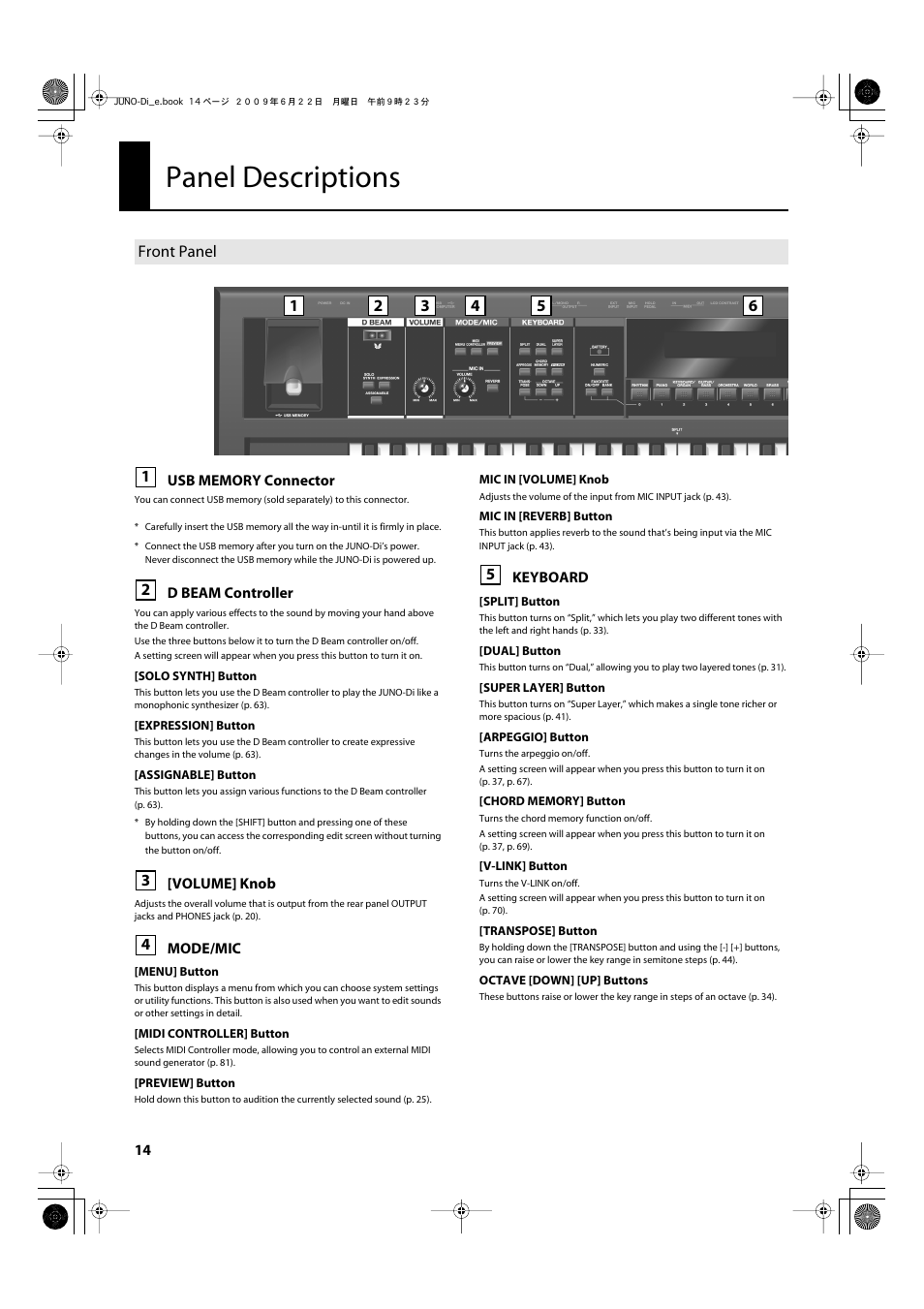 Panel descriptions, Front panel | Roland JUNO-Di User Manual | Page 14 / 136