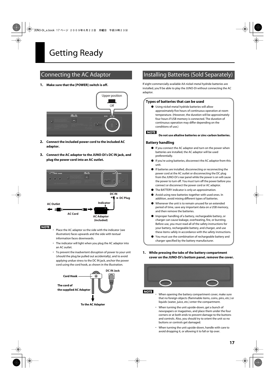 Getting ready, Connecting the ac adaptor, Installing batteries (sold separately) | Connect the ac adaptor here (p. 17) | Roland JUNO-Di User Manual | Page 17 / 136