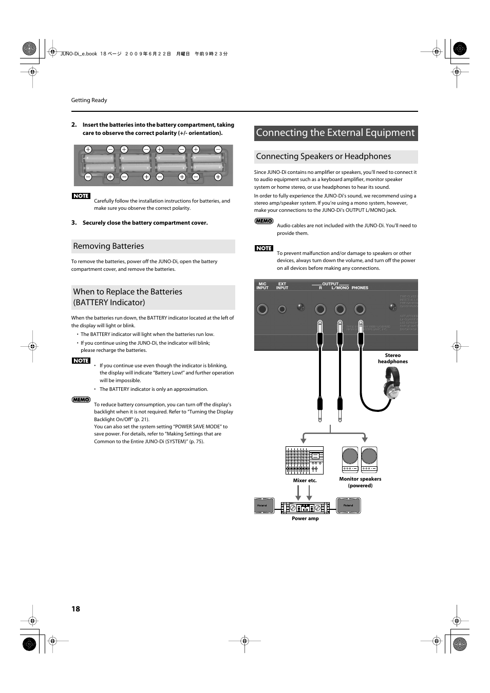 Removing batteries, When to replace the batteries (battery indicator), Connecting the external equipment | Connecting speakers or headphones, Amount remaining in the batteries (p. 18) | Roland JUNO-Di User Manual | Page 18 / 136