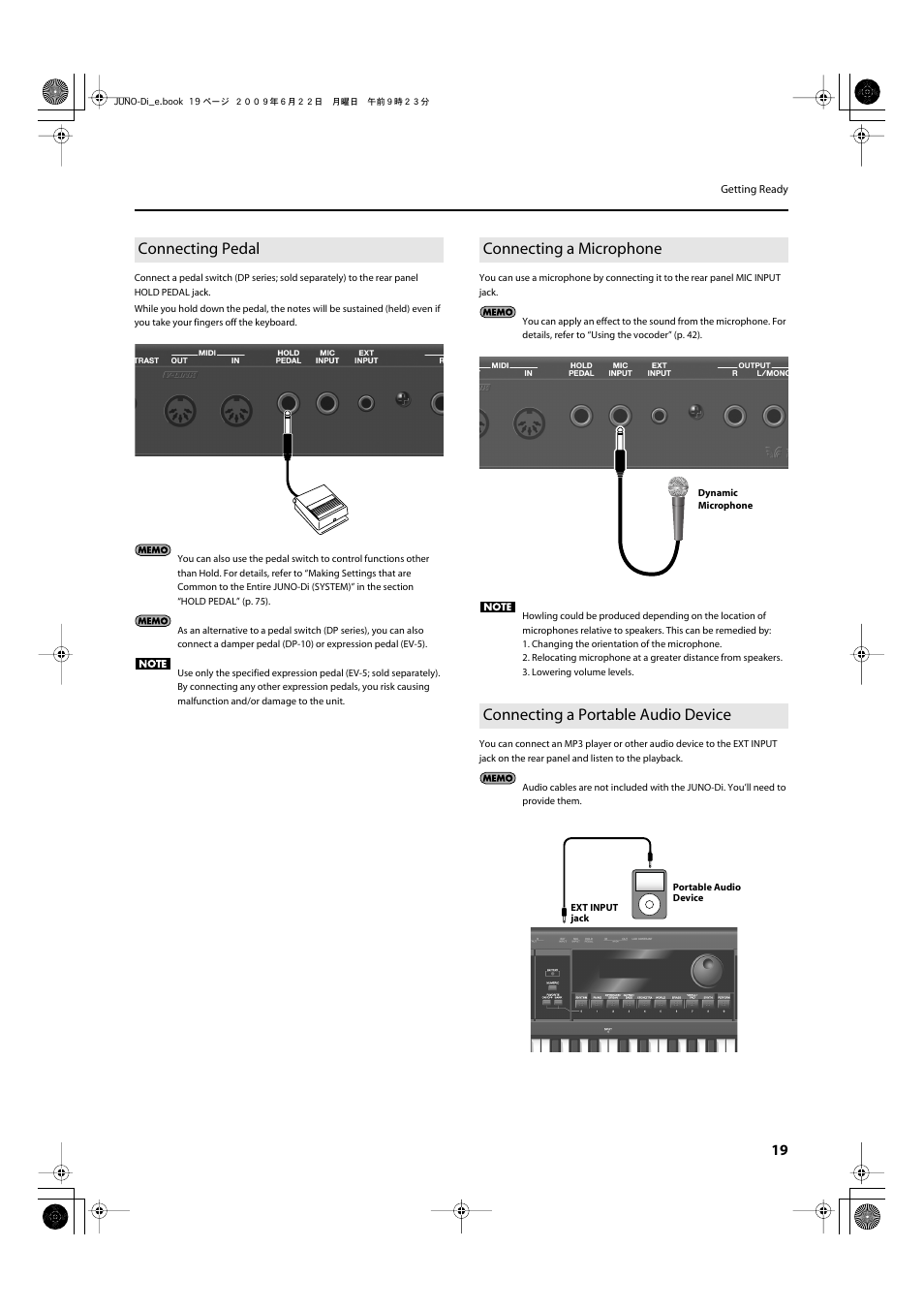 Connecting pedal, Connecting a microphone, Connecting a portable audio device | Roland JUNO-Di User Manual | Page 19 / 136