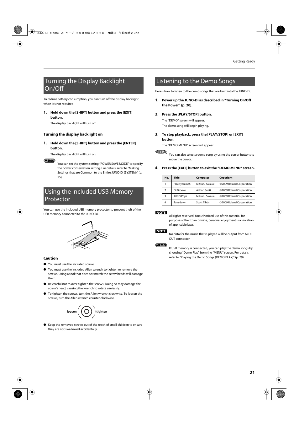 Turning the display backlight on/off, Using the included usb memory protector, Listening to the demo songs | Backlight on/off” (p. 21) | Roland JUNO-Di User Manual | Page 21 / 136