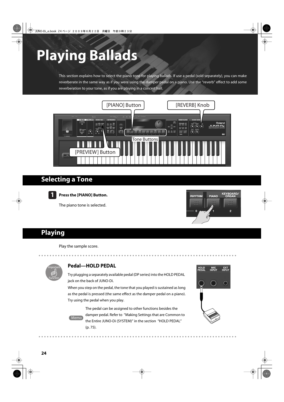 Playing ballads, Selecting a tone, Playing | Pedal—hold pedal, P. 24, Selecting a tone playing | Roland JUNO-Di User Manual | Page 24 / 136