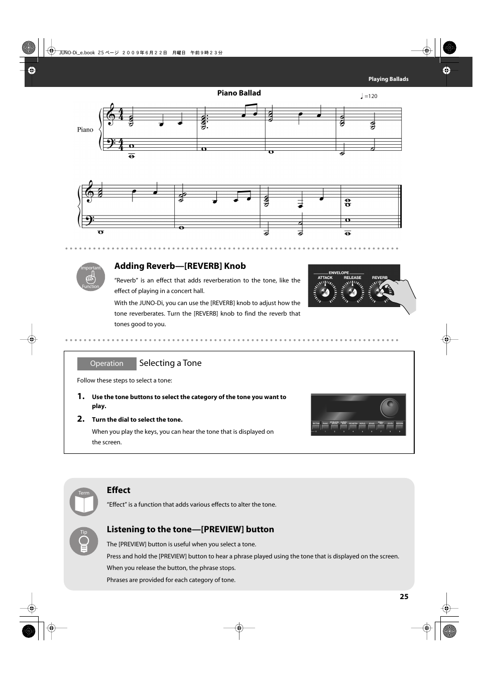 Adding reverb—[reverb] knob, Selecting a tone, Listening to the tone—[preview] button | Selecting a tone effect | Roland JUNO-Di User Manual | Page 25 / 136