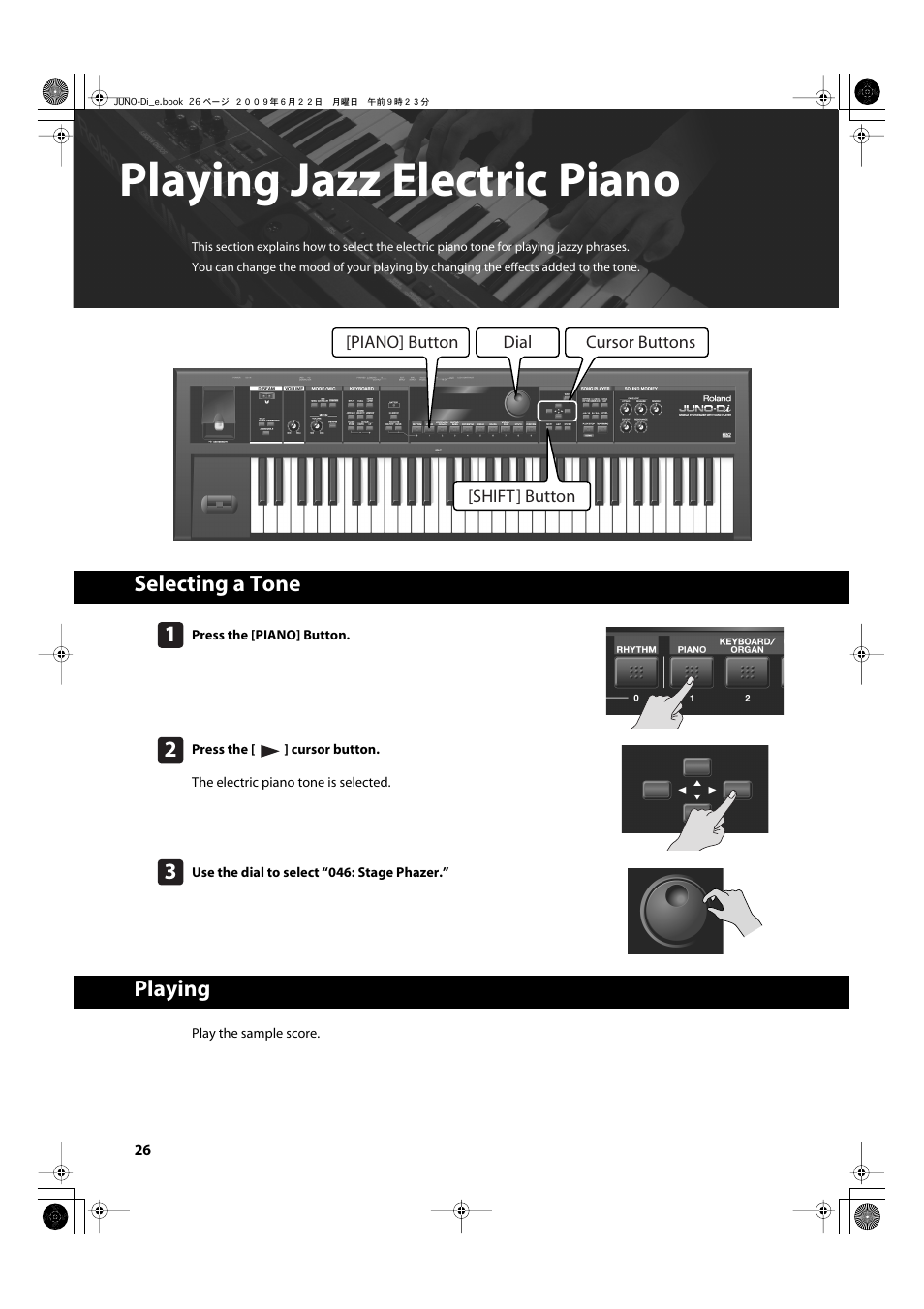 Playing jazz electric piano, Selecting a tone, Playing | P. 26, Selecting a tone playing | Roland JUNO-Di User Manual | Page 26 / 136