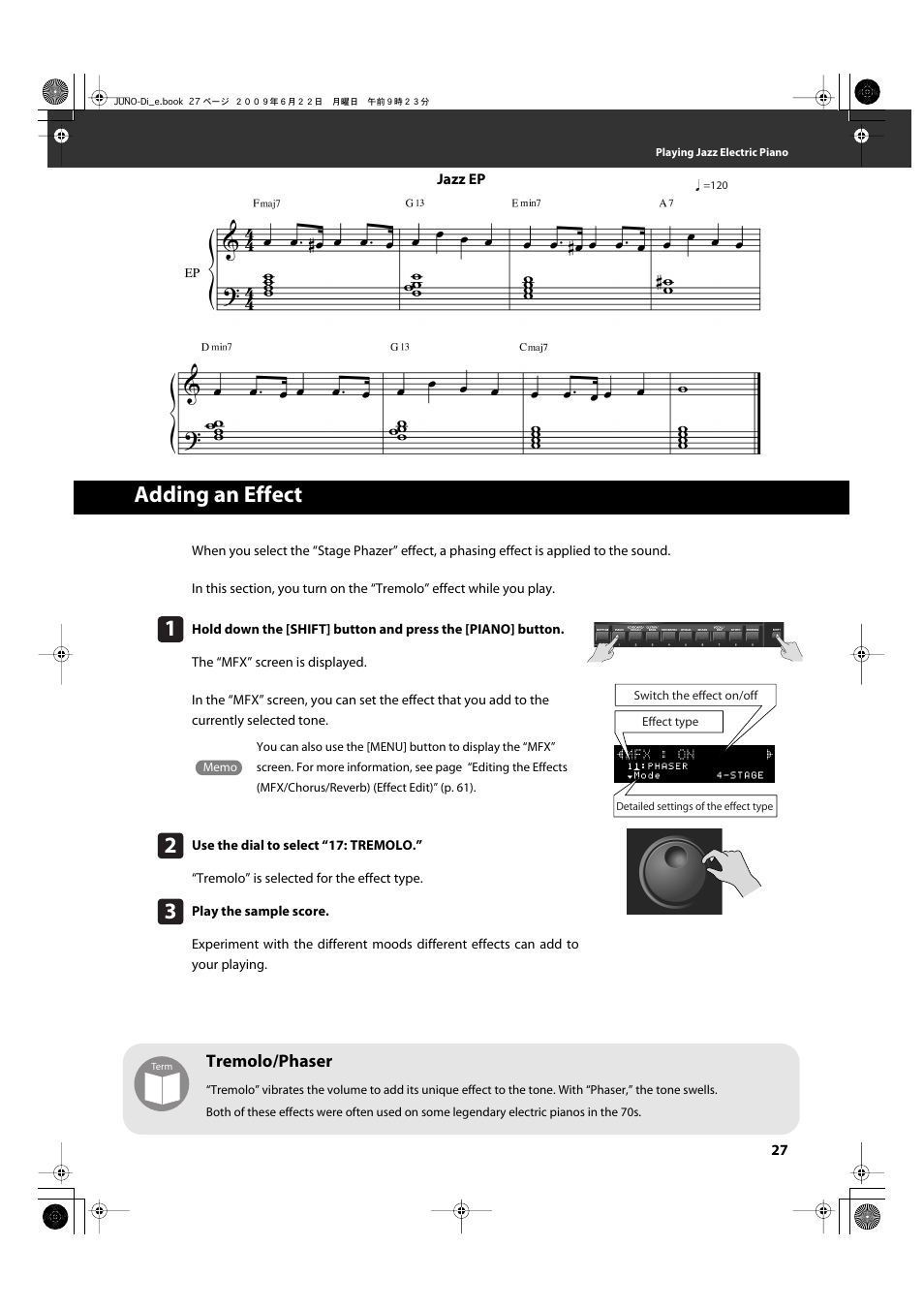 Adding an effect, Adding an effect 1, Tremolo/phaser | Roland JUNO-Di User Manual | Page 27 / 136