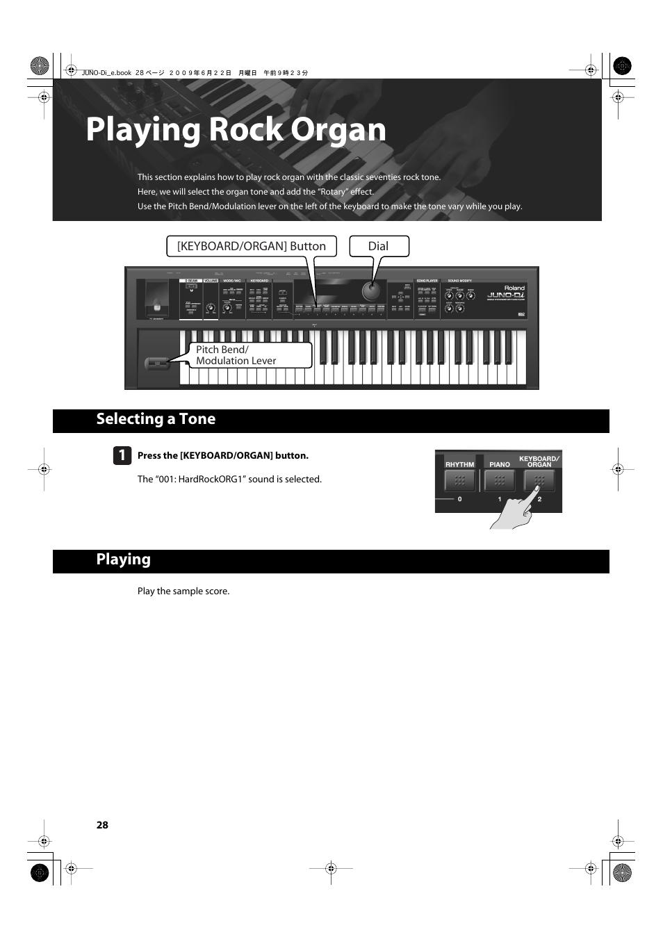 Playing rock organ, Selecting a tone, Playing | P. 28, Selecting a tone playing | Roland JUNO-Di User Manual | Page 28 / 136