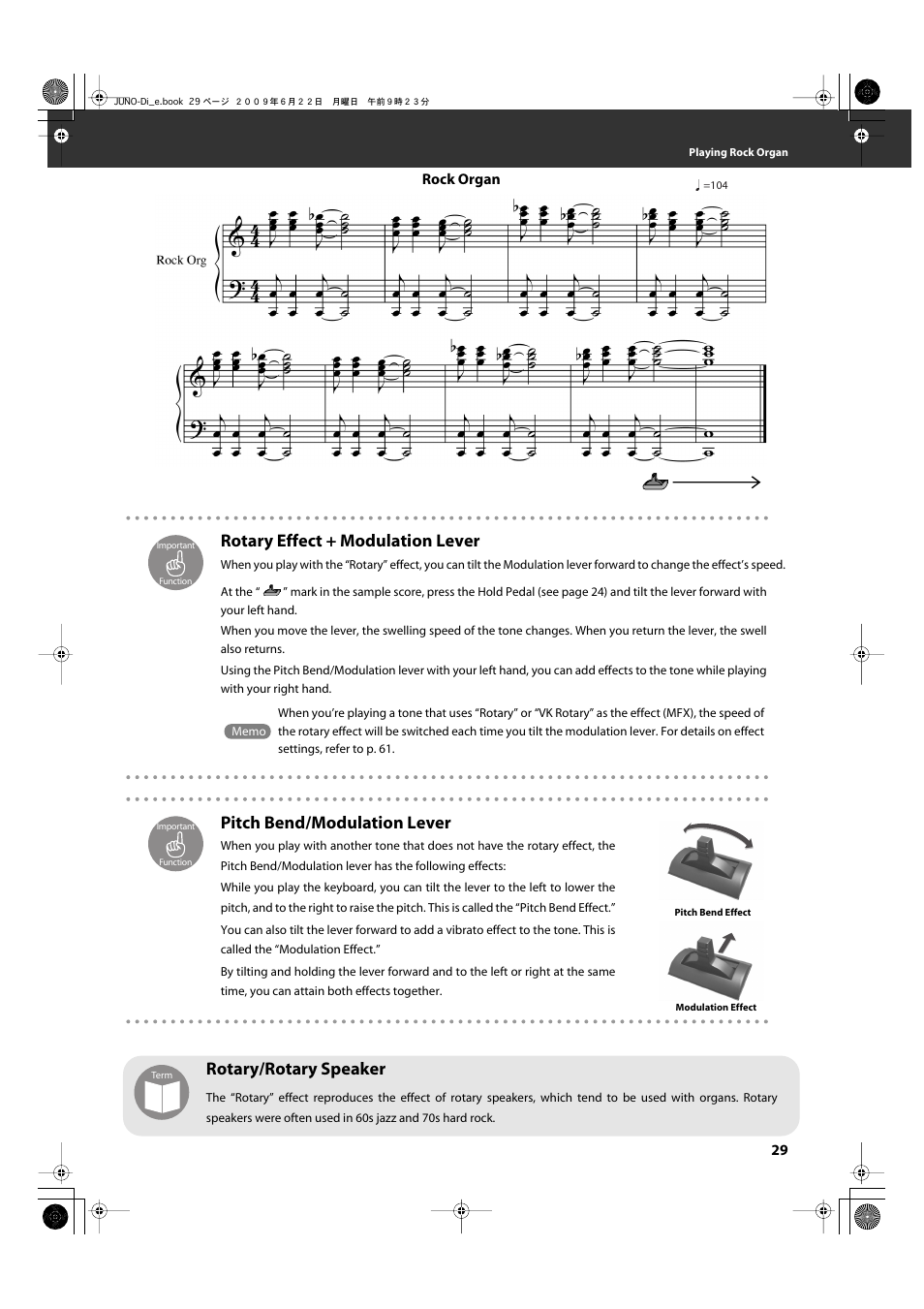 Rotary effect + modulation lever, Pitch bend/modulation lever, Vibrato (p. 29) | Rotary/rotary speaker | Roland JUNO-Di User Manual | Page 29 / 136