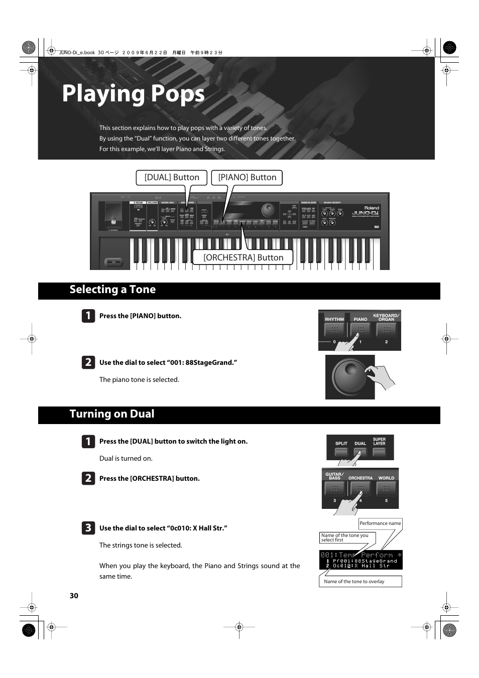 Playing pops, Selecting a tone, Turning on dual | P. 30, Selecting a tone turning on dual | Roland JUNO-Di User Manual | Page 30 / 136