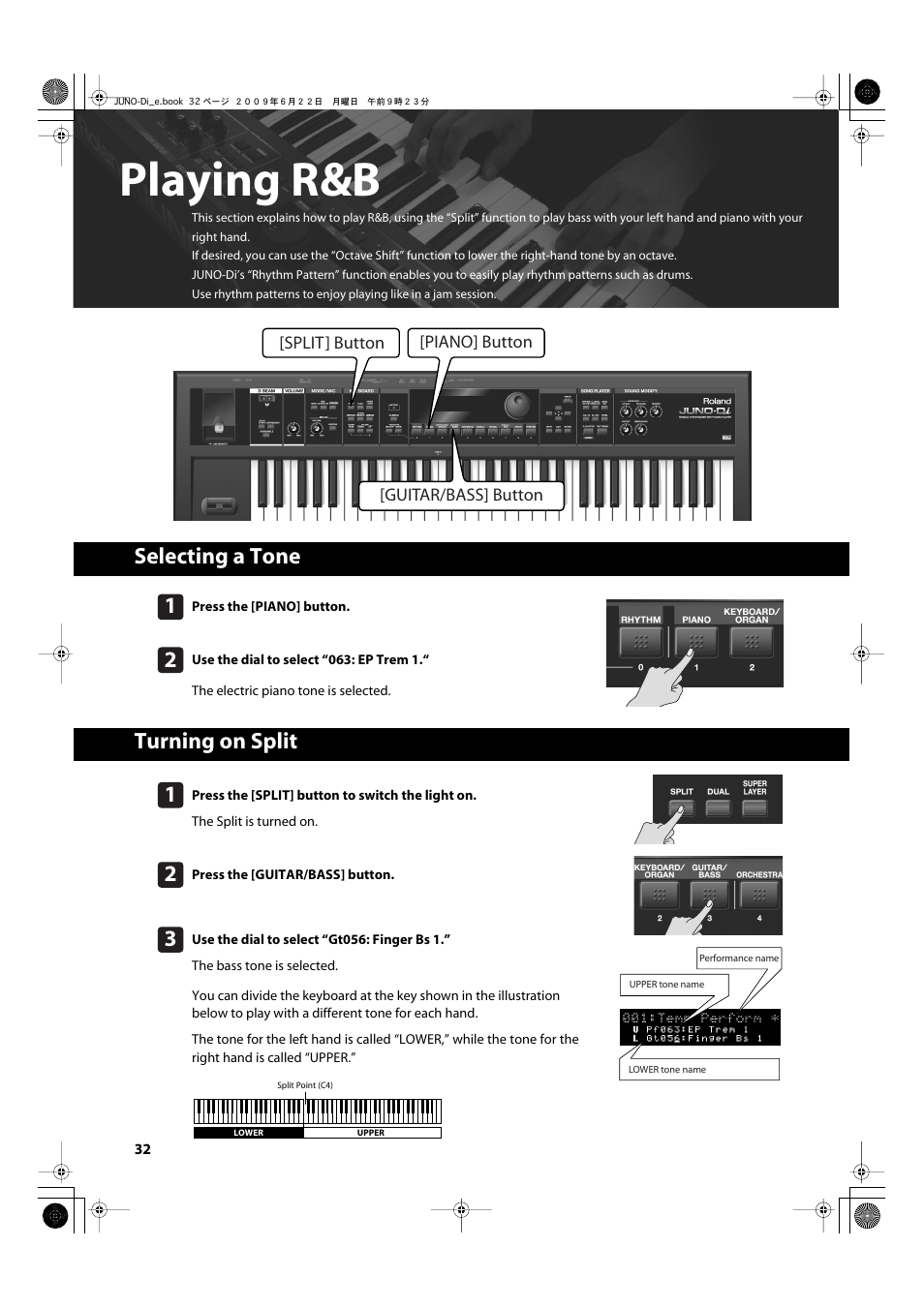 Playing r&b, Selecting a tone, Turning on split | P. 32, Selecting a tone turning on split | Roland JUNO-Di User Manual | Page 32 / 136