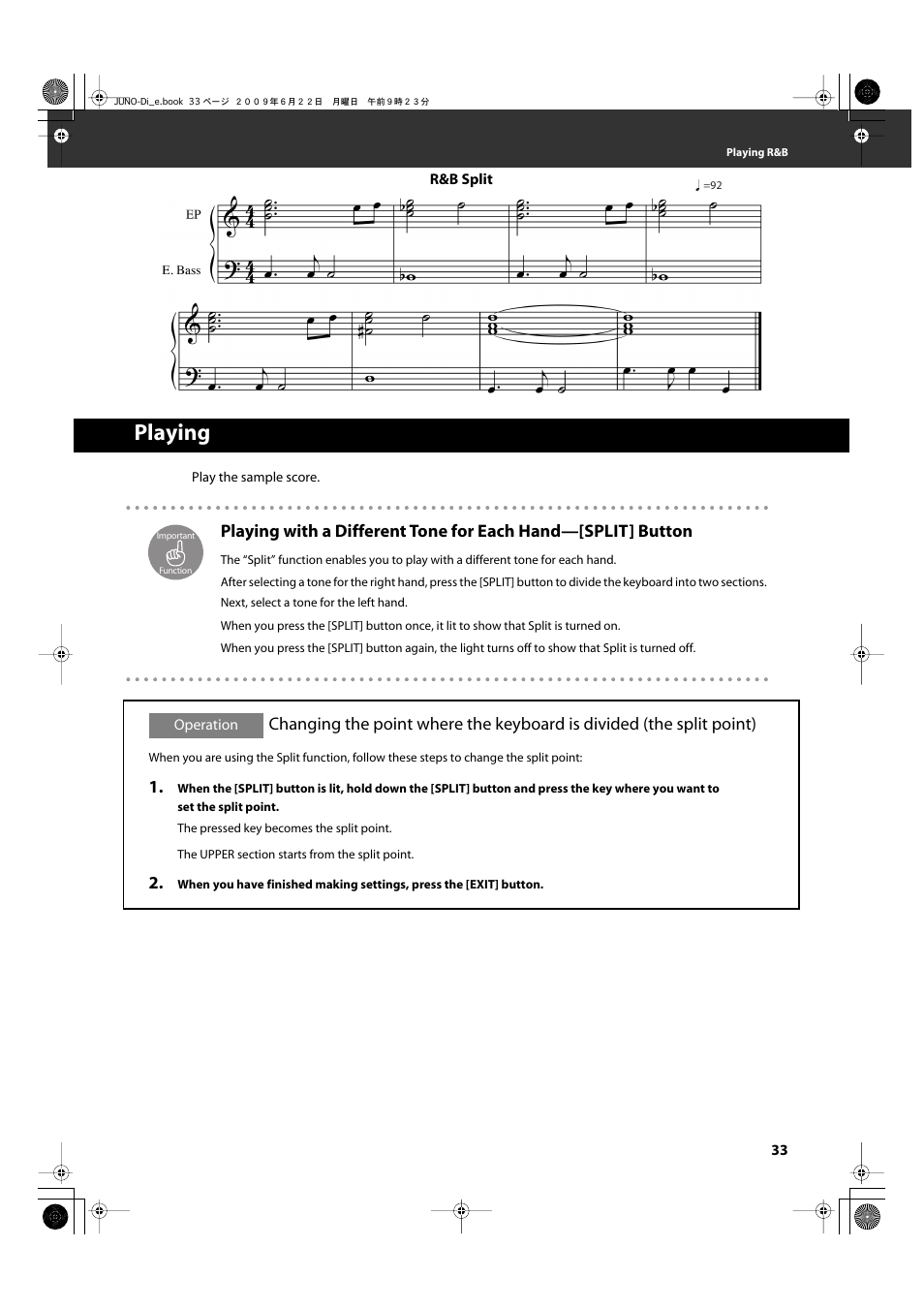 Playing, The left and right hands (p. 33) | Roland JUNO-Di User Manual | Page 33 / 136