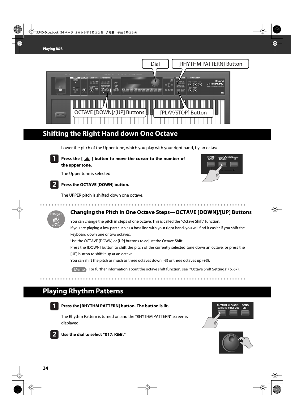 Shifting the right hand down one octave, Playing rhythm patterns | Roland JUNO-Di User Manual | Page 34 / 136