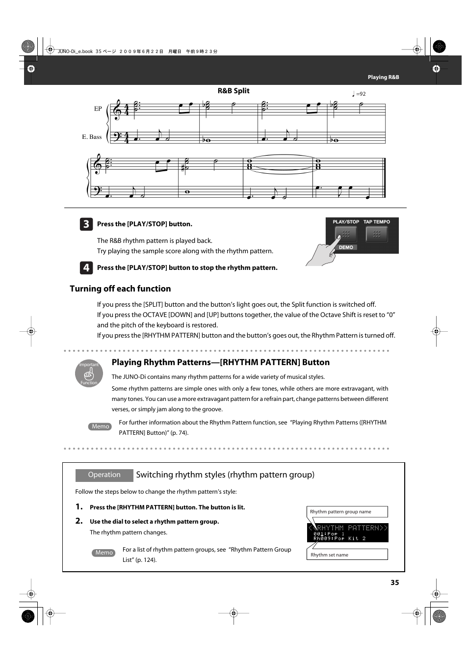 Playing rhythm patterns—[rhythm pattern] button, Switching rhythm styles (rhythm pattern group), Turns the rhythm pattern on/off (p. 35, p. 74) | Turning off each function | Roland JUNO-Di User Manual | Page 35 / 136