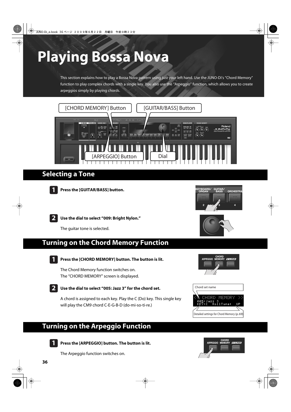 Playing bossa nova, Selecting a tone, Turning on the chord memory function | Turning on the arpeggio function, P. 36 | Roland JUNO-Di User Manual | Page 36 / 136