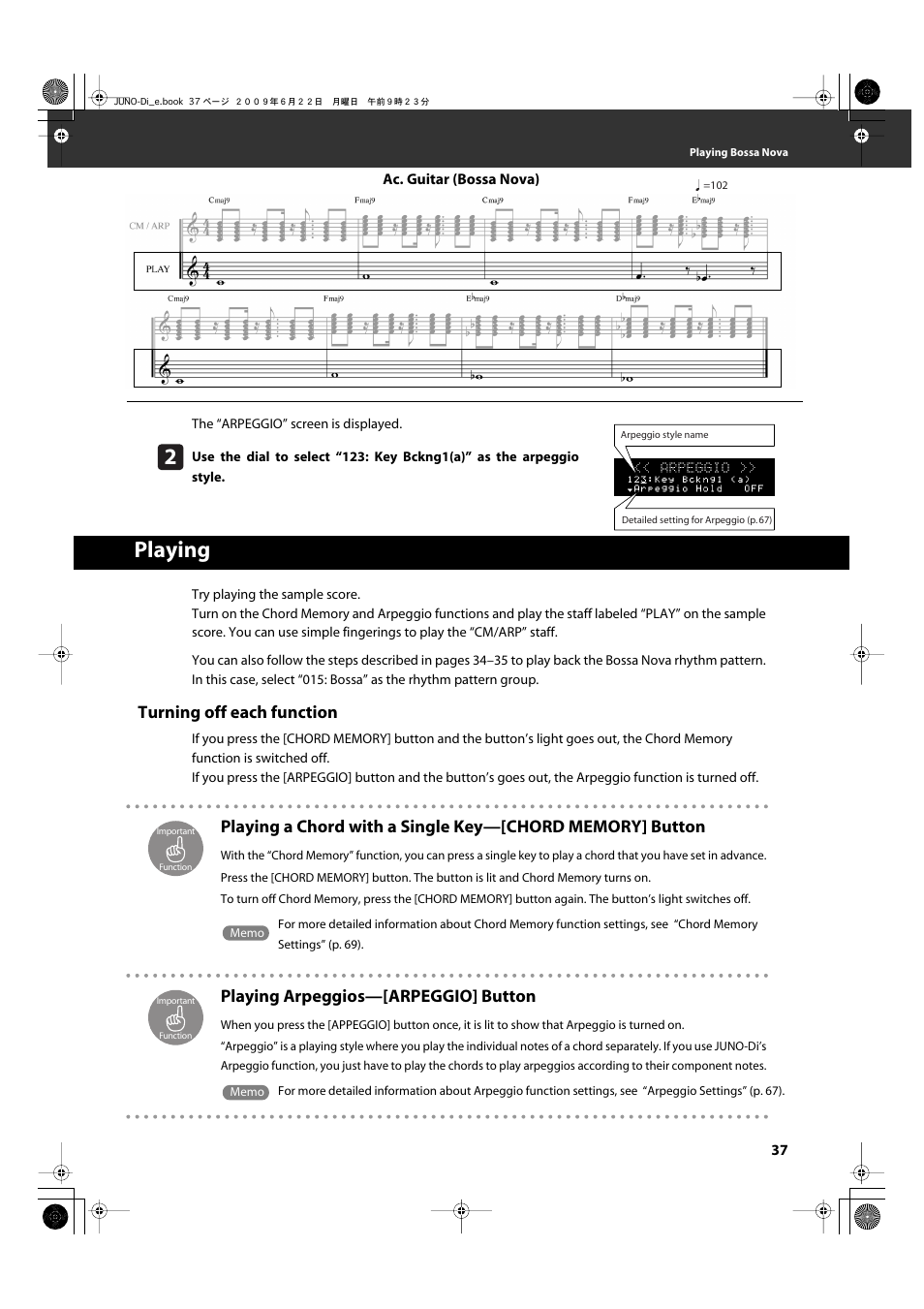 Playing, Playing arpeggios—[arpeggio] button, P. 37, p. 67) | P. 37, p. 69), Turning off each function | Roland JUNO-Di User Manual | Page 37 / 136