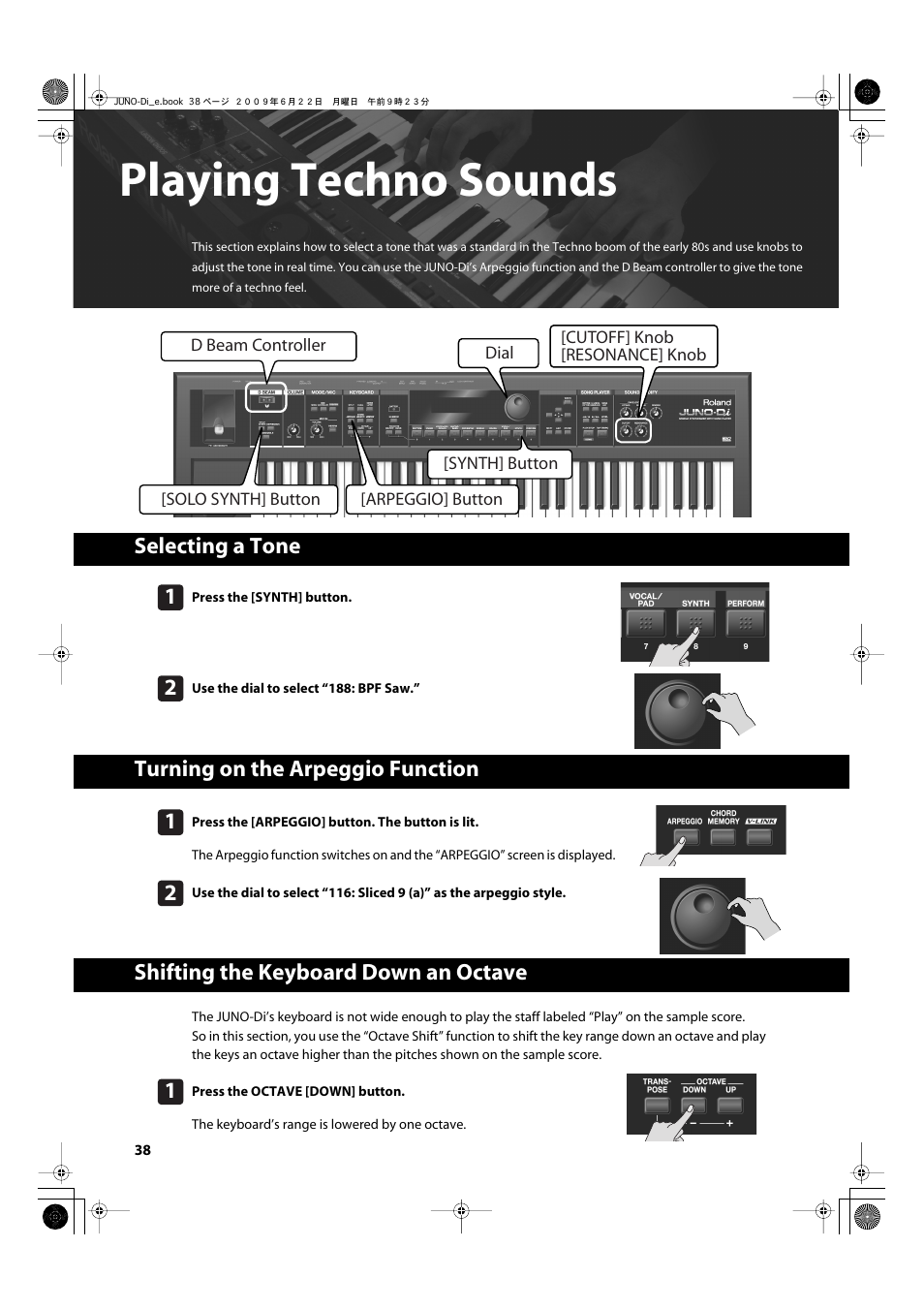 Playing techno sounds, Selecting a tone, Turning on the arpeggio function | Shifting the keyboard down an octave, P. 38 | Roland JUNO-Di User Manual | Page 38 / 136