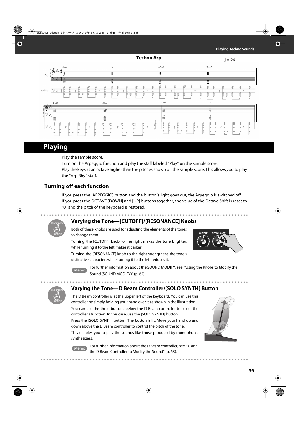 Playing, Varying the tone—[cutoff]/[resonance] knobs, Turning off each function | Roland JUNO-Di User Manual | Page 39 / 136