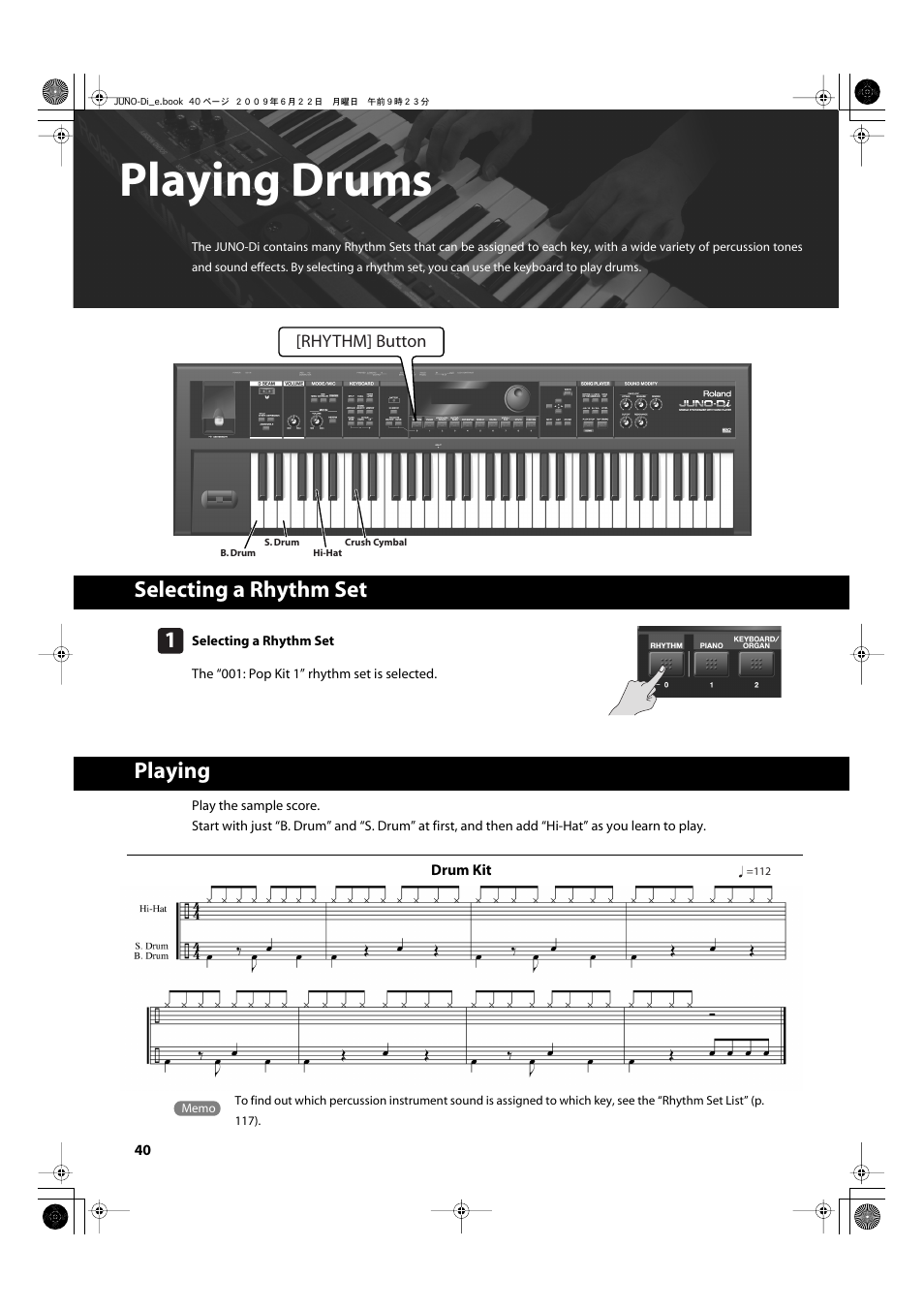 Playing drums, Selecting a rhythm set, Playing | P. 40, Selecting a rhythm set playing | Roland JUNO-Di User Manual | Page 40 / 136