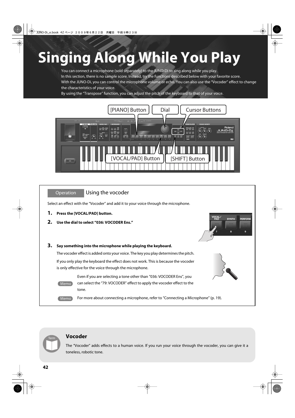 Singing along while you play, Using the vocoder, Details, refer to “using the vocoder” (p. 42) | Roland JUNO-Di User Manual | Page 42 / 136