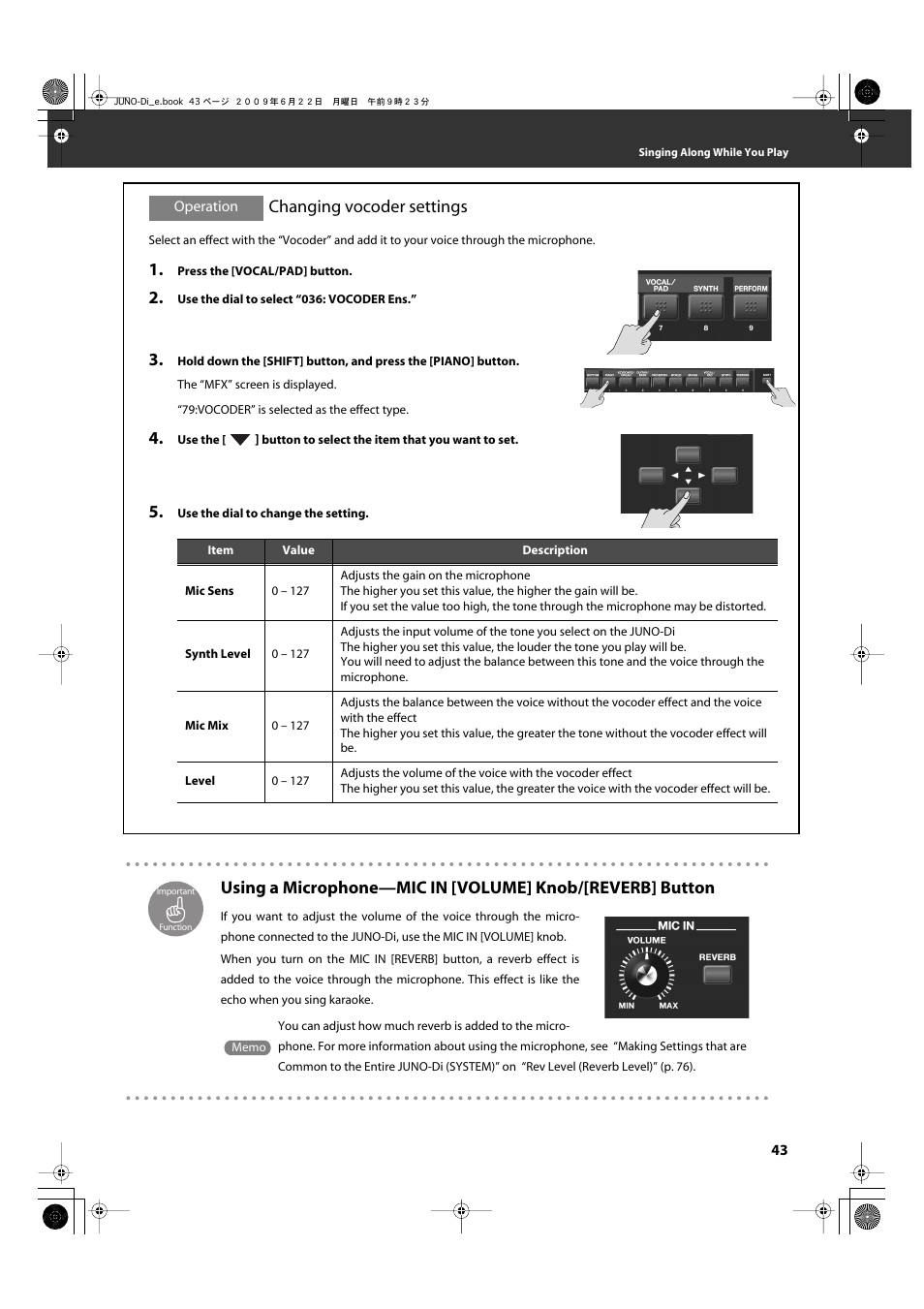 Changing vocoder settings, Input jack (p. 43) | Roland JUNO-Di User Manual | Page 43 / 136