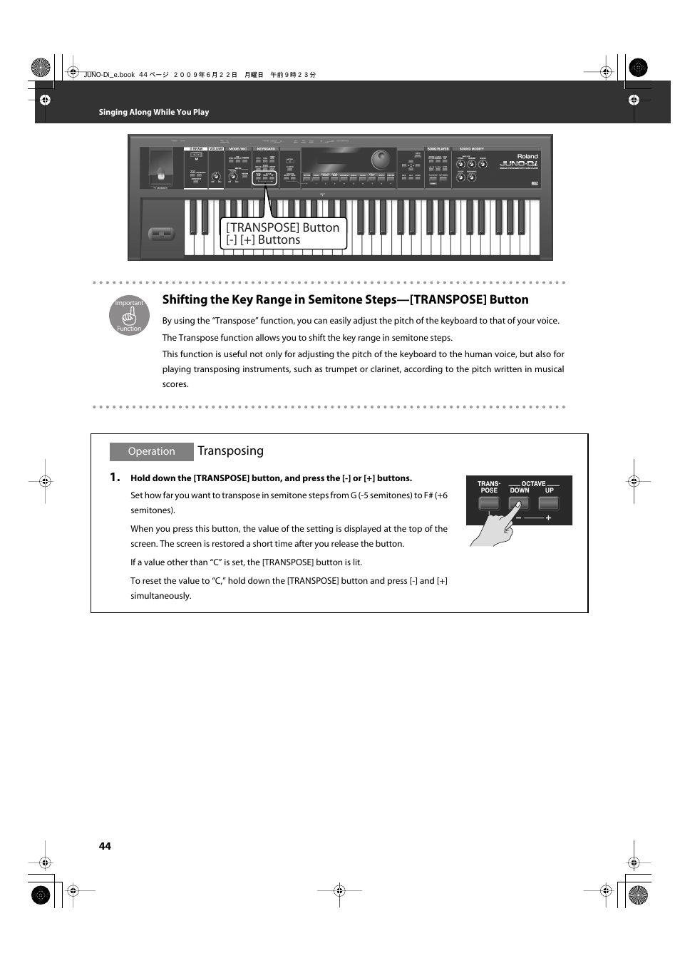 Transposing, Transpose] button [-] [+] buttons | Roland JUNO-Di User Manual | Page 44 / 136