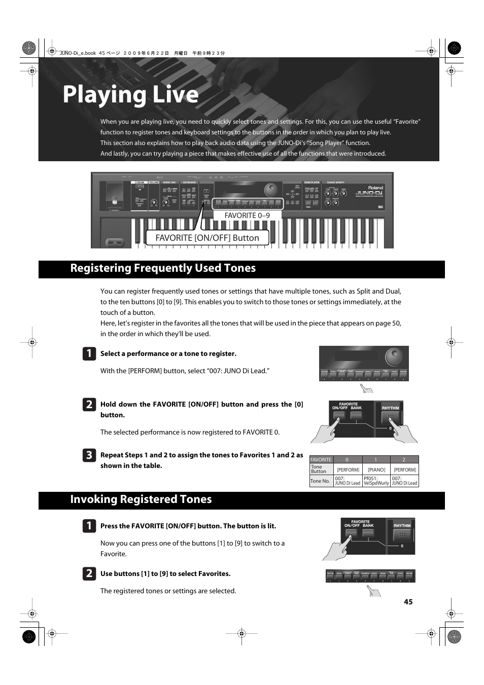 Playing live, Registering frequently used tones, Invoking registered tones | P. 45 | Roland JUNO-Di User Manual | Page 45 / 136