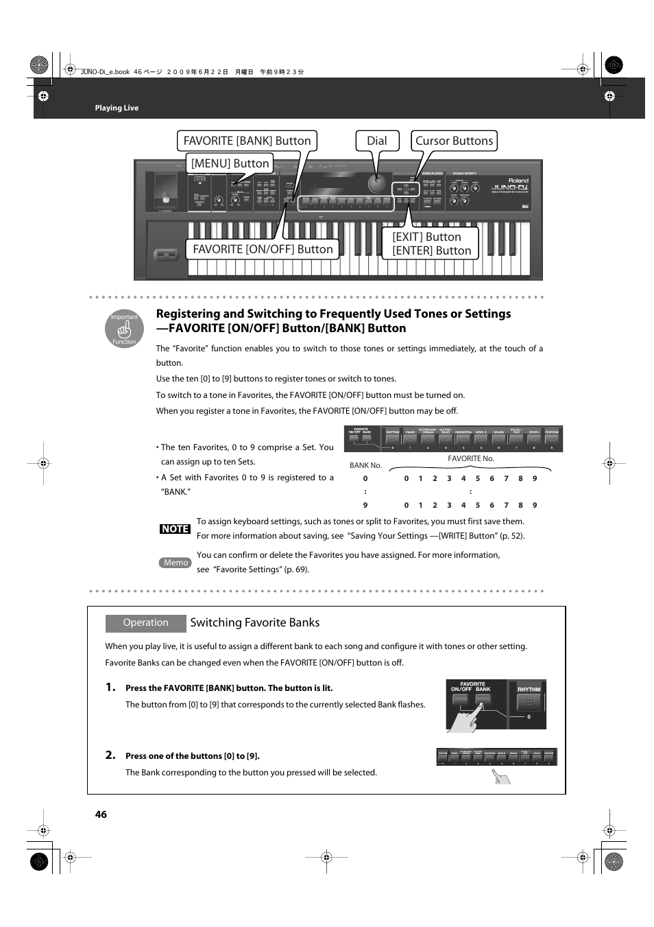 Switching favorite banks, Turns the favorite function on/off (p. 46), Buttons to select favorite banks (p. 46) | Roland JUNO-Di User Manual | Page 46 / 136