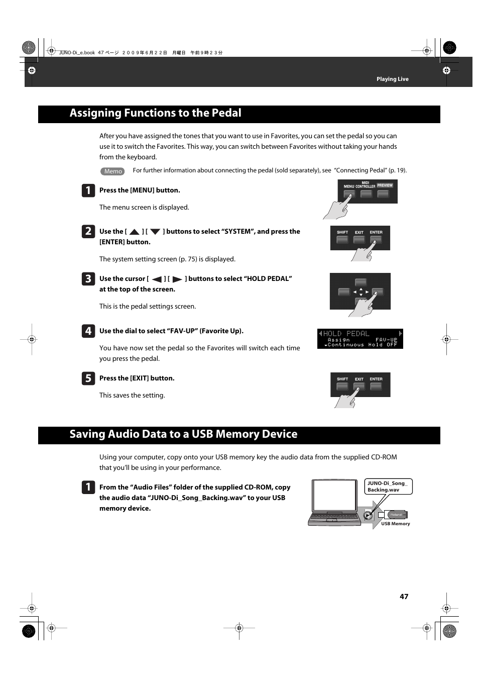 Assigning functions to the pedal, Saving audio data to a usb memory device | Roland JUNO-Di User Manual | Page 47 / 136