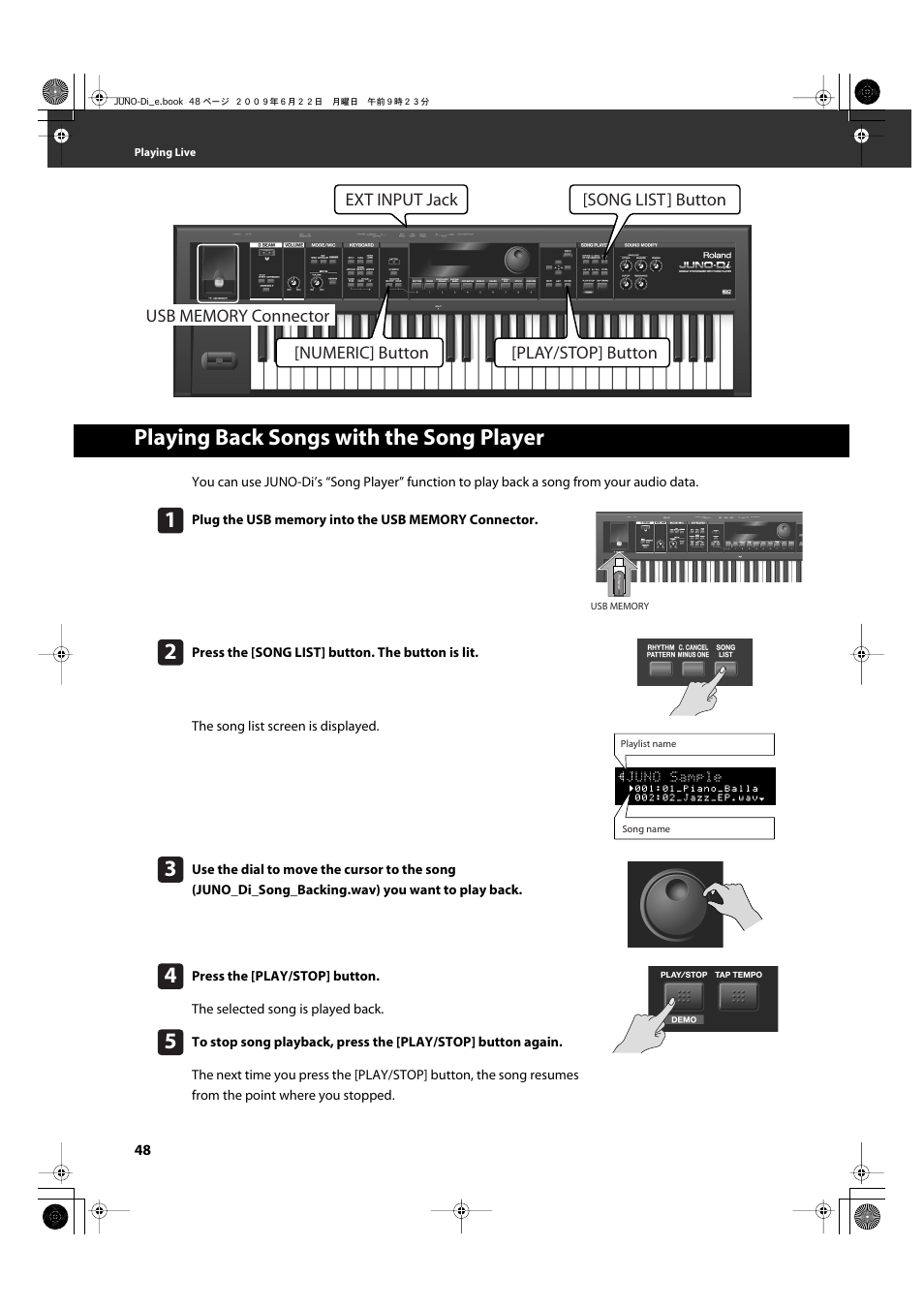 Playing back songs with the song player | Roland JUNO-Di User Manual | Page 48 / 136