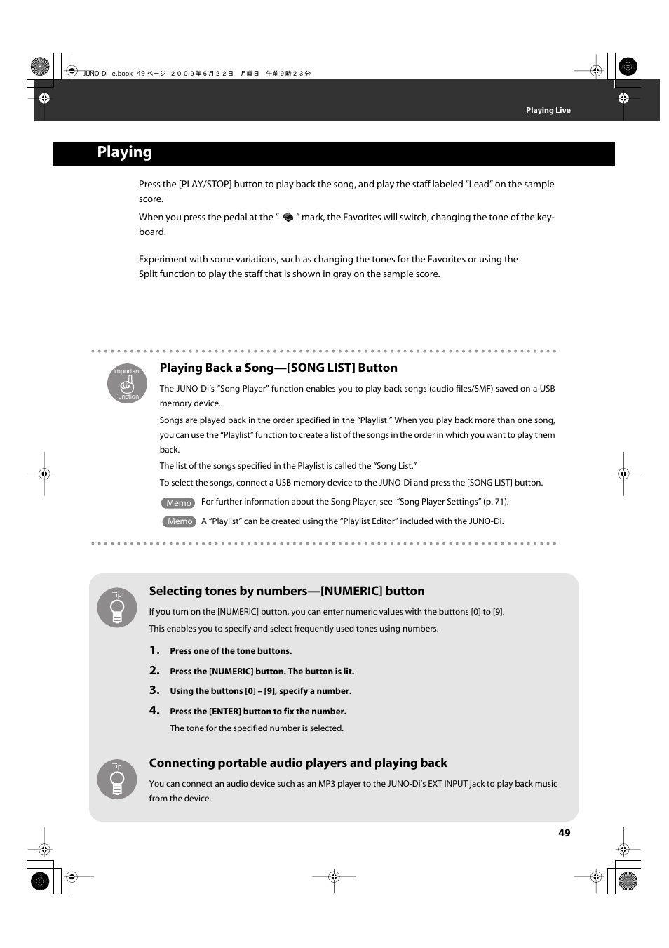 Playing, Playing back a song—[song list] button, Selecting tones by numbers—[numeric] button | Connecting portable audio players and playing back | Roland JUNO-Di User Manual | Page 49 / 136