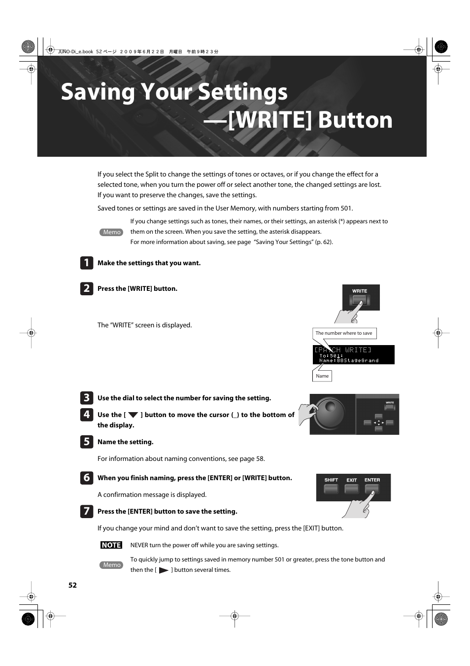 Saving your settings —[write] button, Saving your settings—[write] button | Roland JUNO-Di User Manual | Page 52 / 136