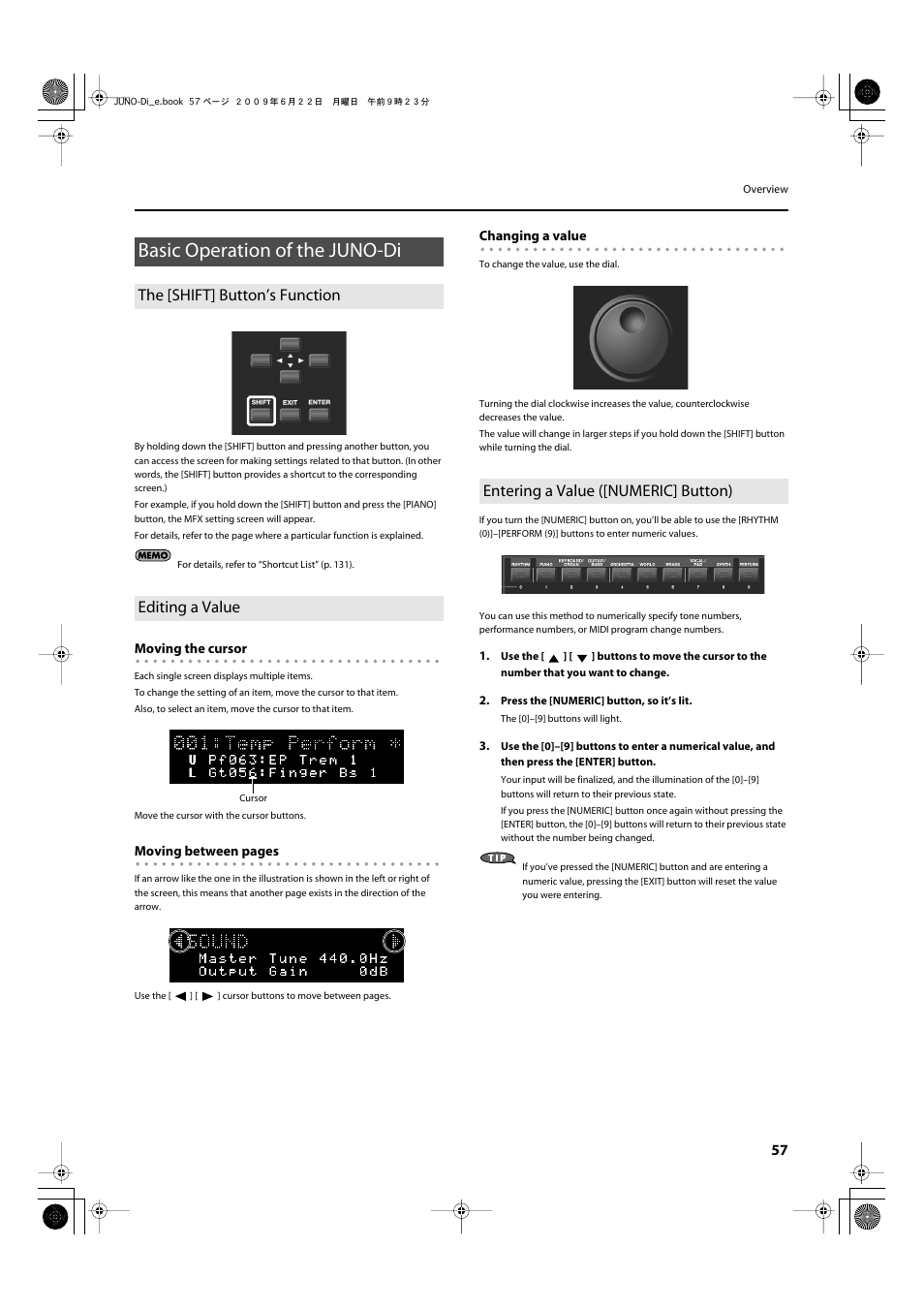 Basic operation of the juno-di, The [shift] button’s function, Editing a value | Entering a value ([numeric] button), Buttons to enter numeric values (p. 57), While holding down the [shift] button (p. 57), The [shift] button’s function editing a value | Roland JUNO-Di User Manual | Page 57 / 136