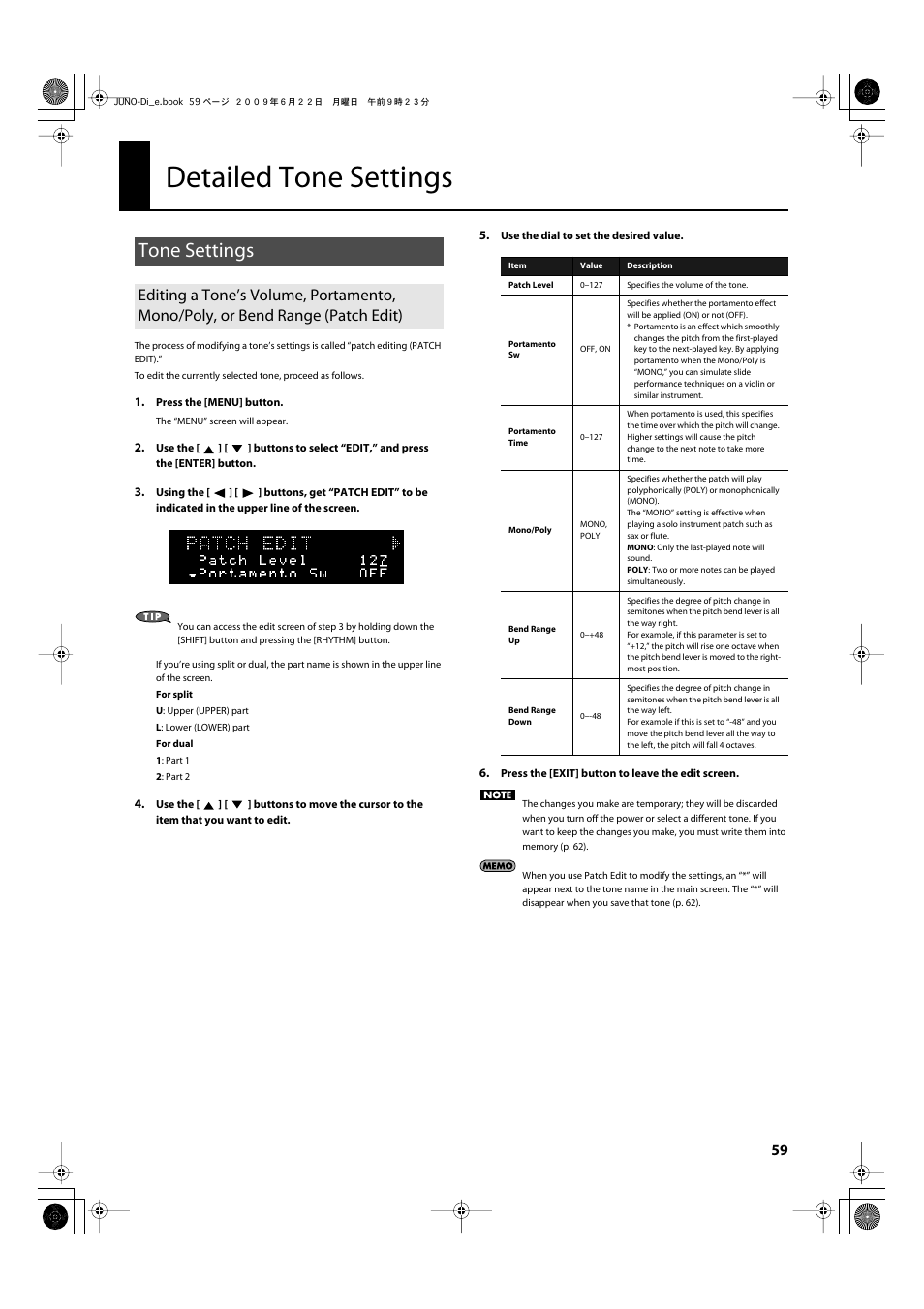 Detailed tone settings, Tone settings, Settings (patch edit; p. 59 or rhythm edit; p. 60) | Roland JUNO-Di User Manual | Page 59 / 136