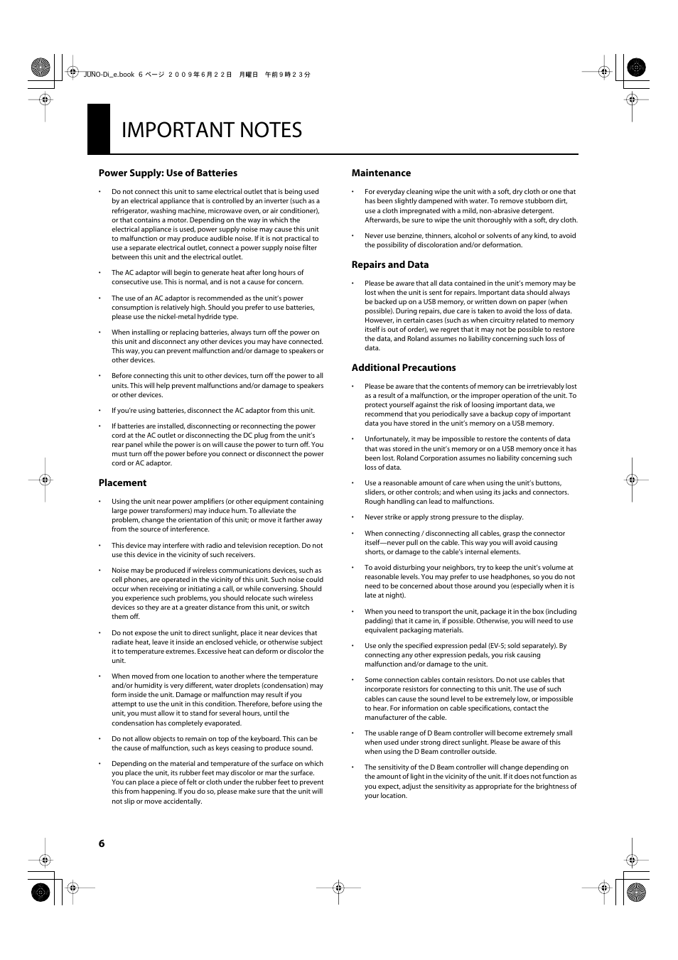 Important notes, Power supply: use of batteries, Placement | Maintenance, Repairs and data, Additional precautions | Roland JUNO-Di User Manual | Page 6 / 136