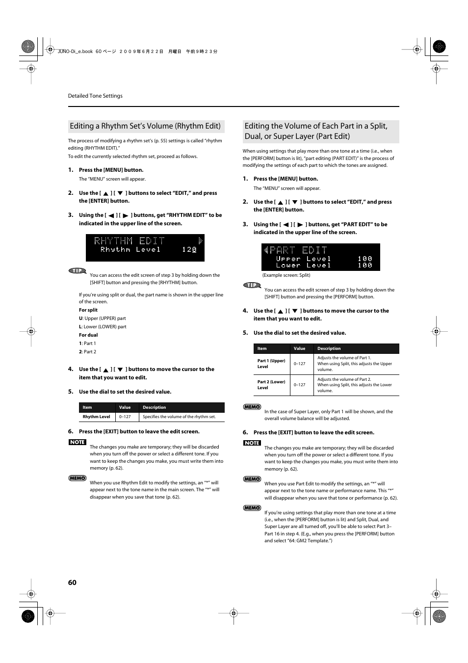 Editing a rhythm set’s volume (rhythm edit), P. 60), Patch edit; p. 59, rhythm edit; p. 60) | Roland JUNO-Di User Manual | Page 60 / 136