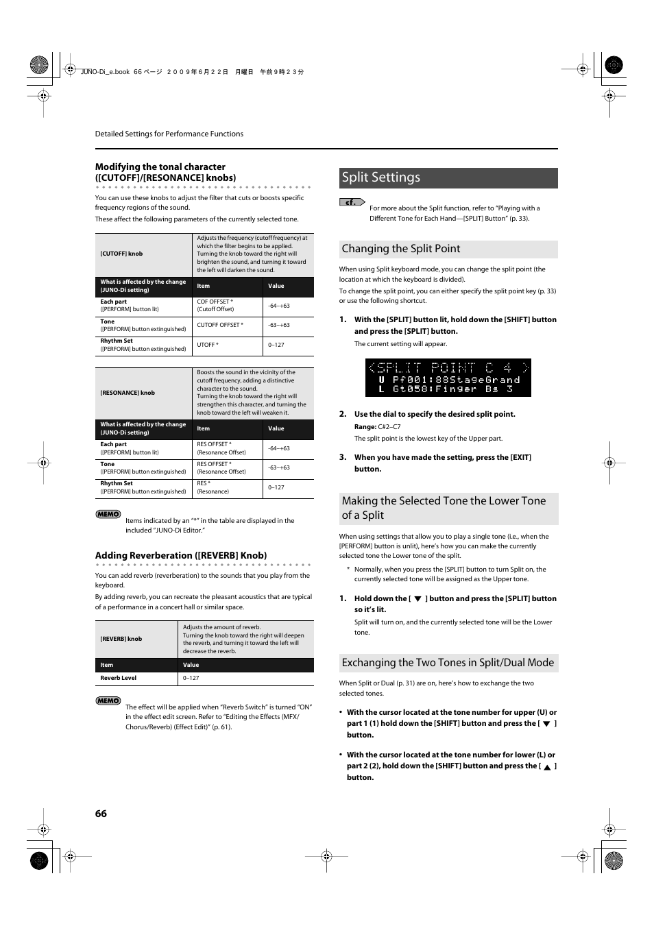 Split settings, Changing the split point, Making the selected tone the lower tone of a split | Exchanging the two tones in split/dual mode, Resonance (p. 66), Cutoff (p. 66), Adding reverberation ([reverb] knob) | Roland JUNO-Di User Manual | Page 66 / 136