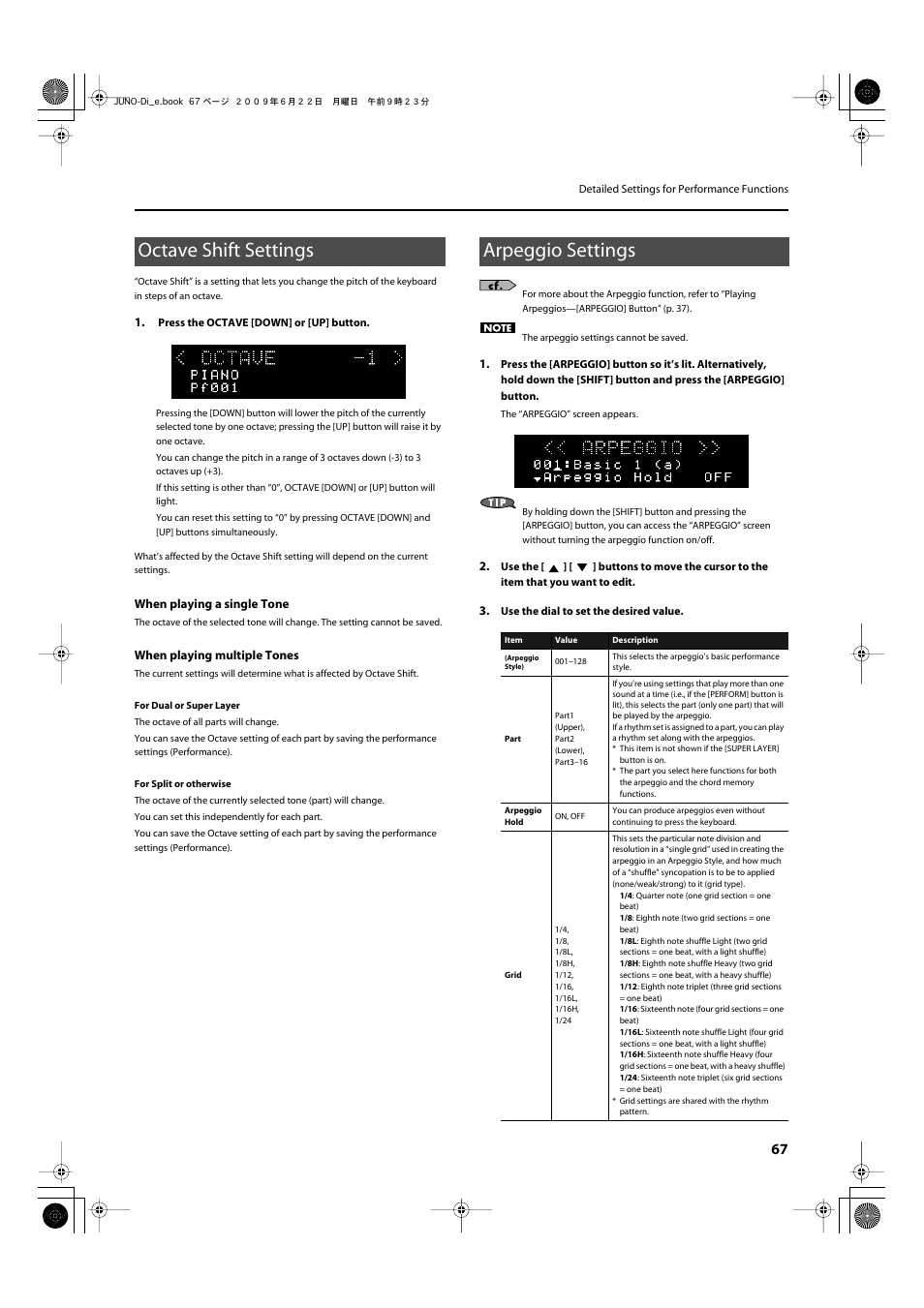 Octave shift settings, Arpeggio settings, Octave shift settings arpeggio settings | Roland JUNO-Di User Manual | Page 67 / 136