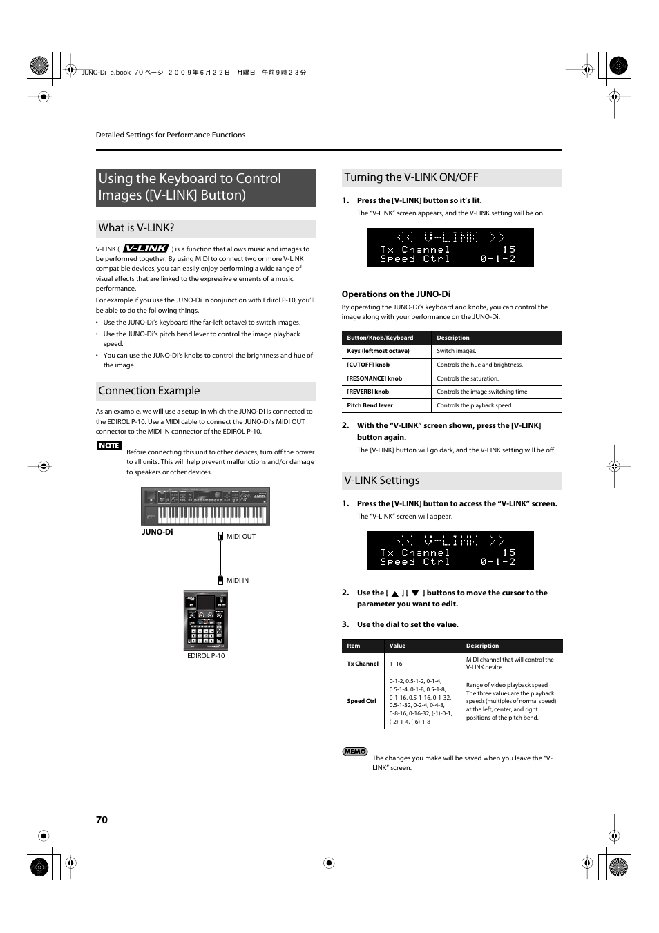 What is v-link, Connection example, Turning the v-link on/off | V-link settings, P. 70), What is v-link? connection example | Roland JUNO-Di User Manual | Page 70 / 136