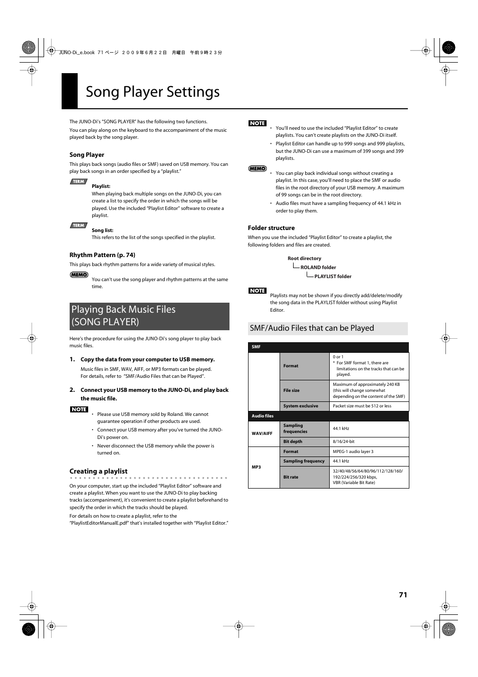 Song player settings, Playing back music files (song player), Smf/audio files that can be played | Roland JUNO-Di User Manual | Page 71 / 136