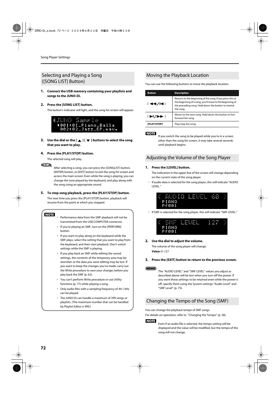 Selecting and playing a song ([song list] button), Moving the playback location, Adjusting the volume of the song player | Changing the tempo of the song (smf), Within a song (p. 72), P. 72, p. 74) | Roland JUNO-Di User Manual | Page 72 / 136