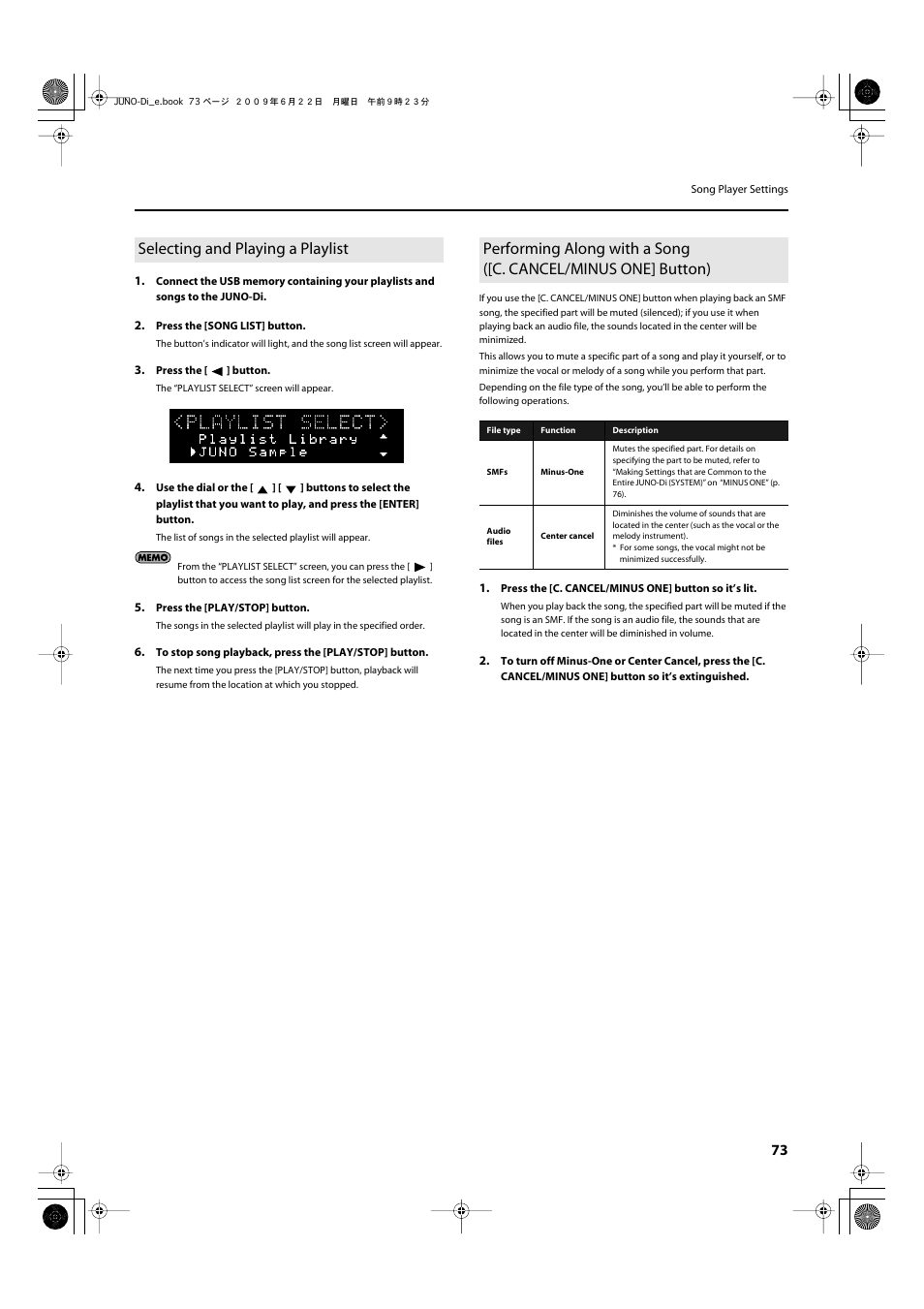 Selecting and playing a playlist | Roland JUNO-Di User Manual | Page 73 / 136