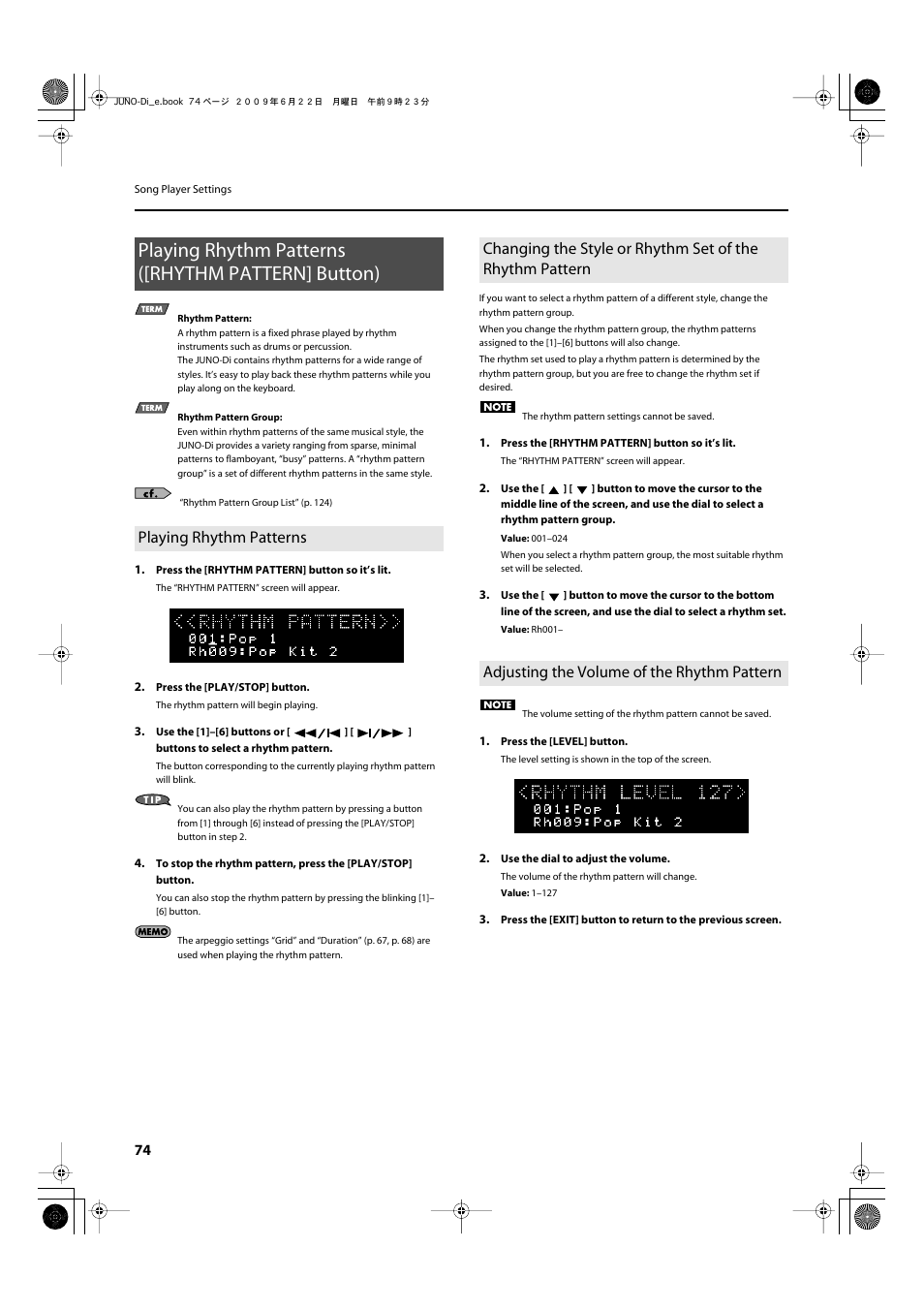 Playing rhythm patterns ([rhythm pattern] button), Playing rhythm patterns, Adjusting the volume of the rhythm pattern | P. 74) | Roland JUNO-Di User Manual | Page 74 / 136