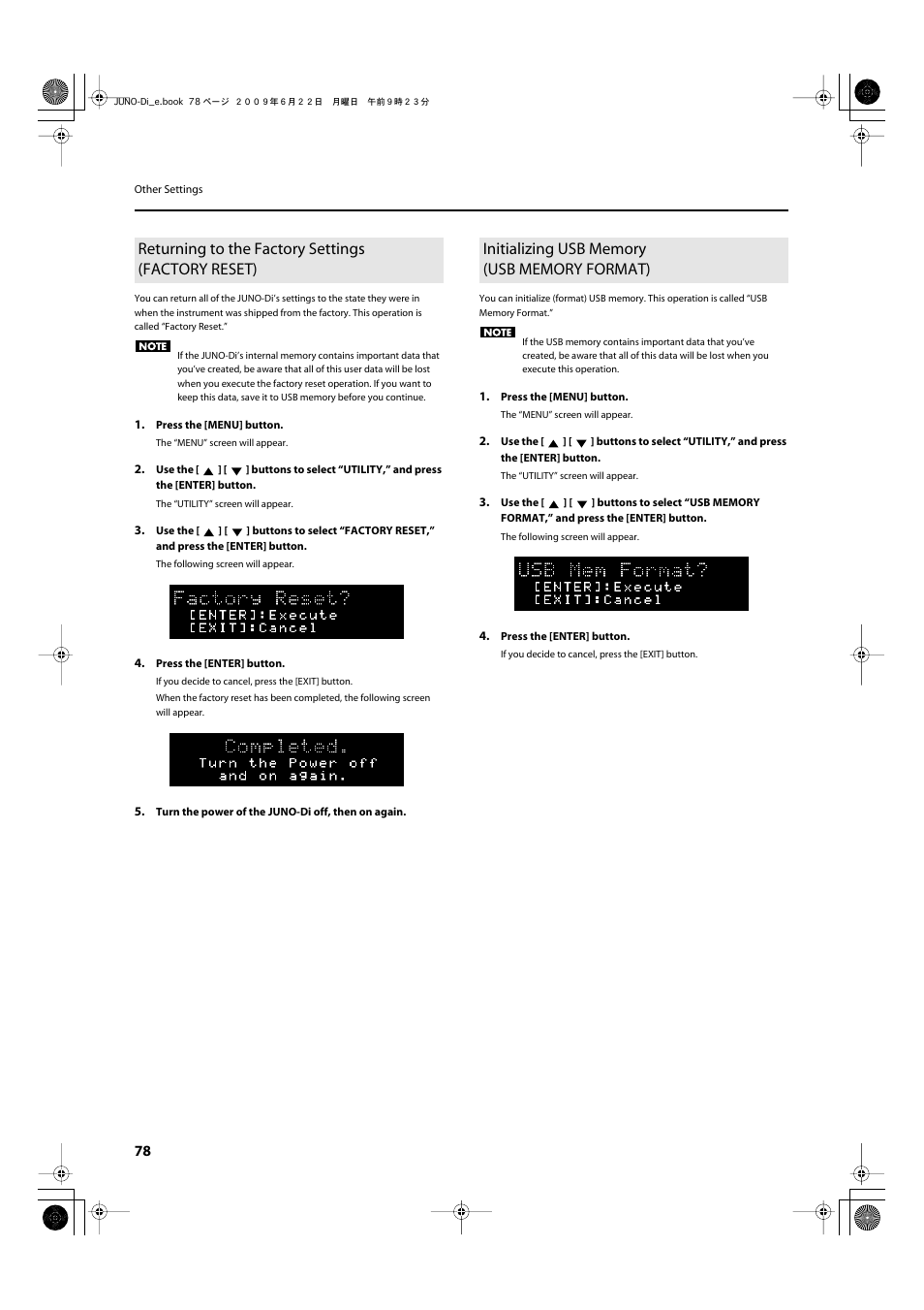 Returning to the factory settings (factory reset), Initializing usb memory (usb memory format) | Roland JUNO-Di User Manual | Page 78 / 136