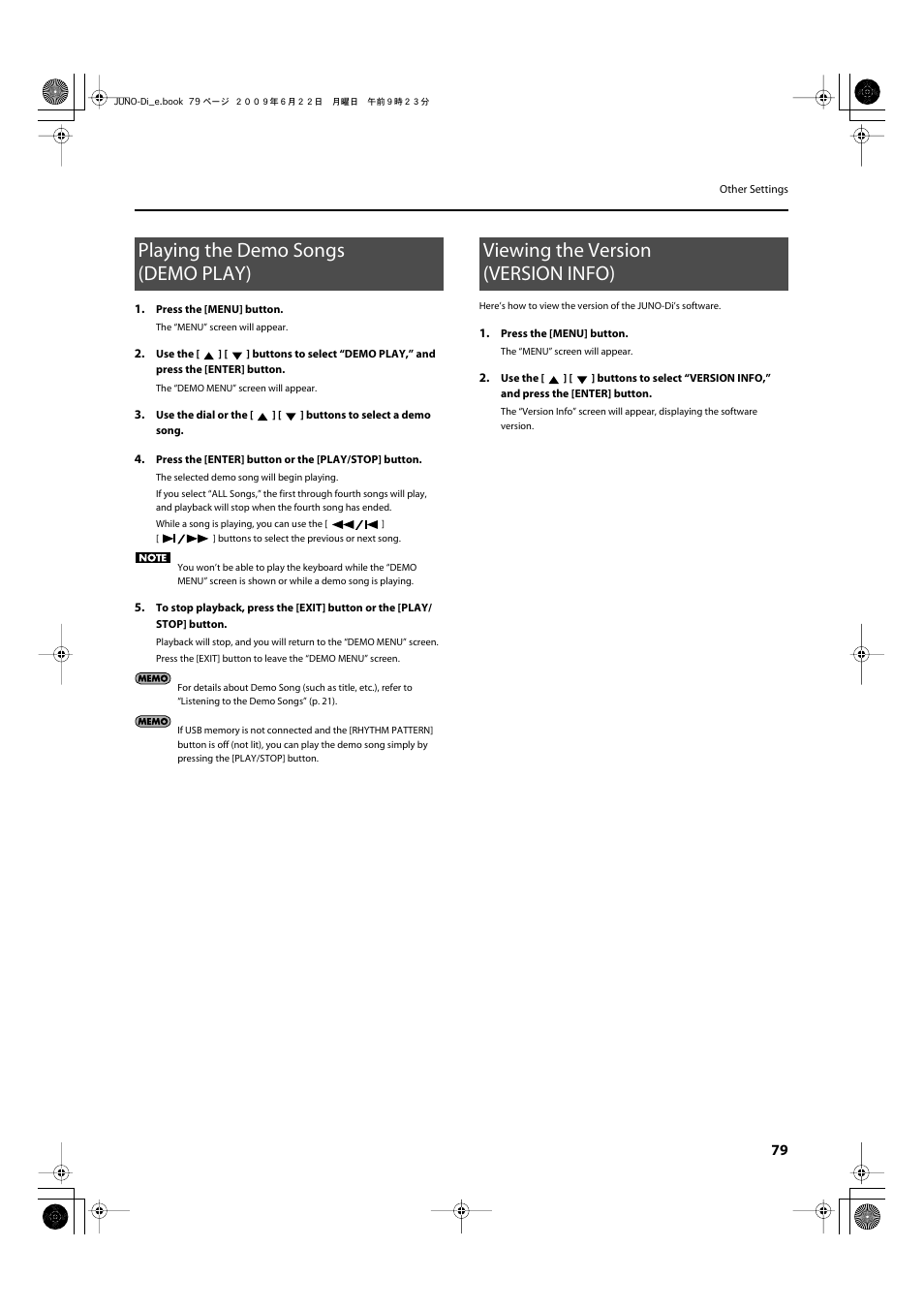 Playing the demo songs (demo play), Viewing the version (version info) | Roland JUNO-Di User Manual | Page 79 / 136