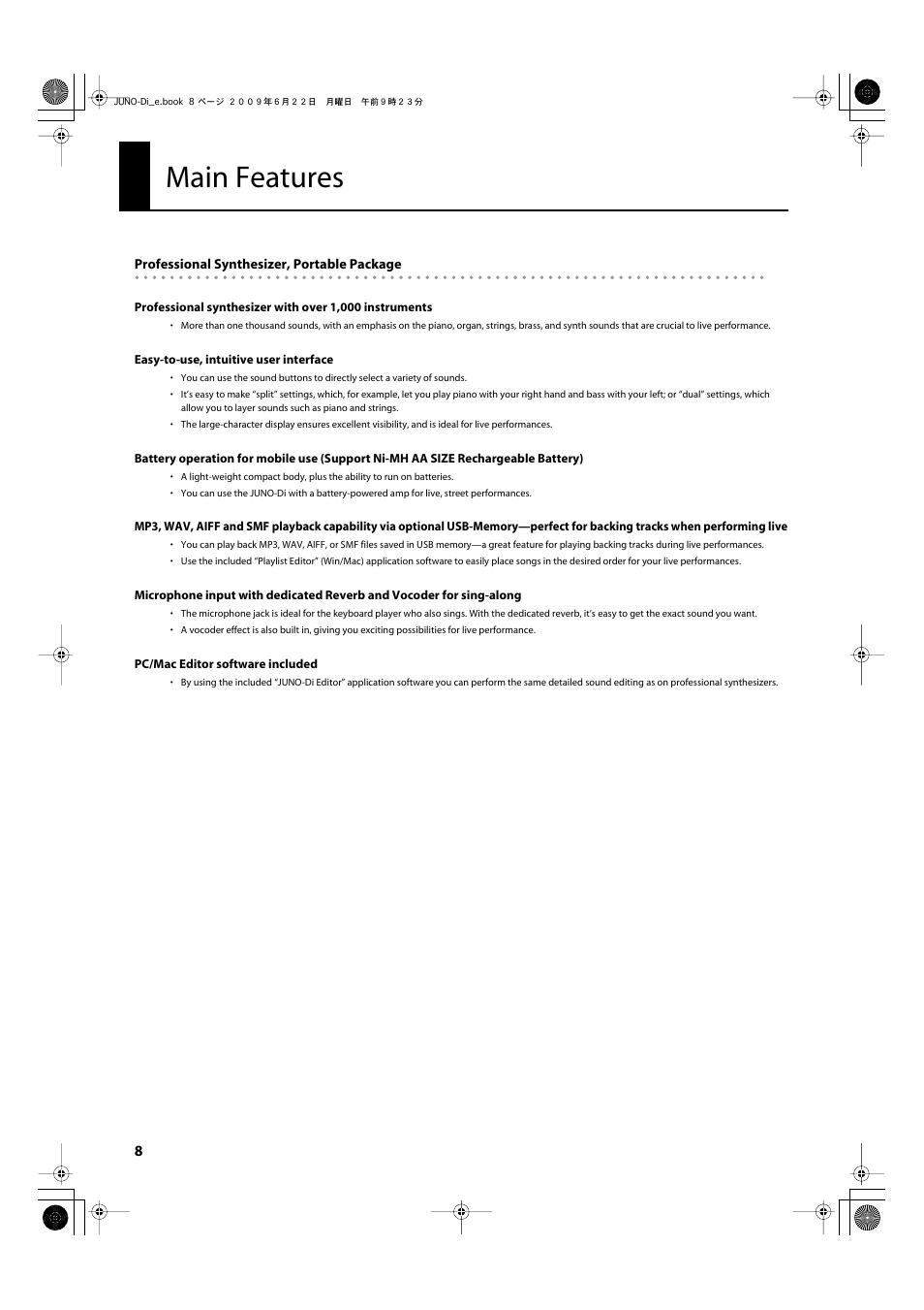 Main features | Roland JUNO-Di User Manual | Page 8 / 136