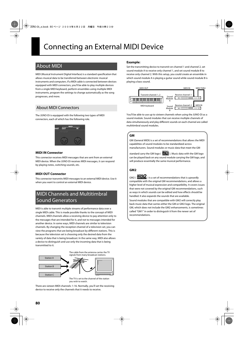 Connecting an external midi device, About midi, About midi connectors | Midi channels and multitimbral sound generators, Transmit midi messages (p. 80) | Roland JUNO-Di User Manual | Page 80 / 136