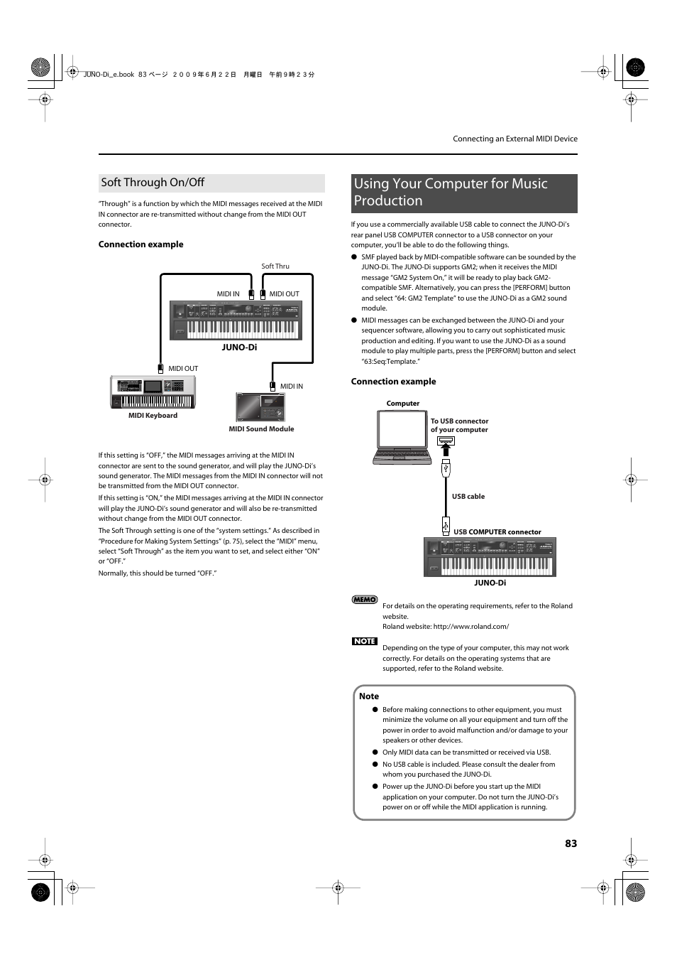 Soft through on/off, Using your computer for music production | Roland JUNO-Di User Manual | Page 83 / 136