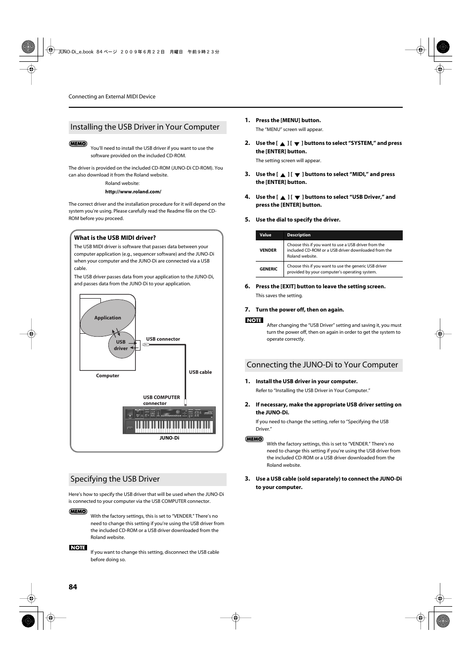 Installing the usb driver in your computer, Specifying the usb driver, Connecting the juno-di to your computer | Cable (p. 84) | Roland JUNO-Di User Manual | Page 84 / 136